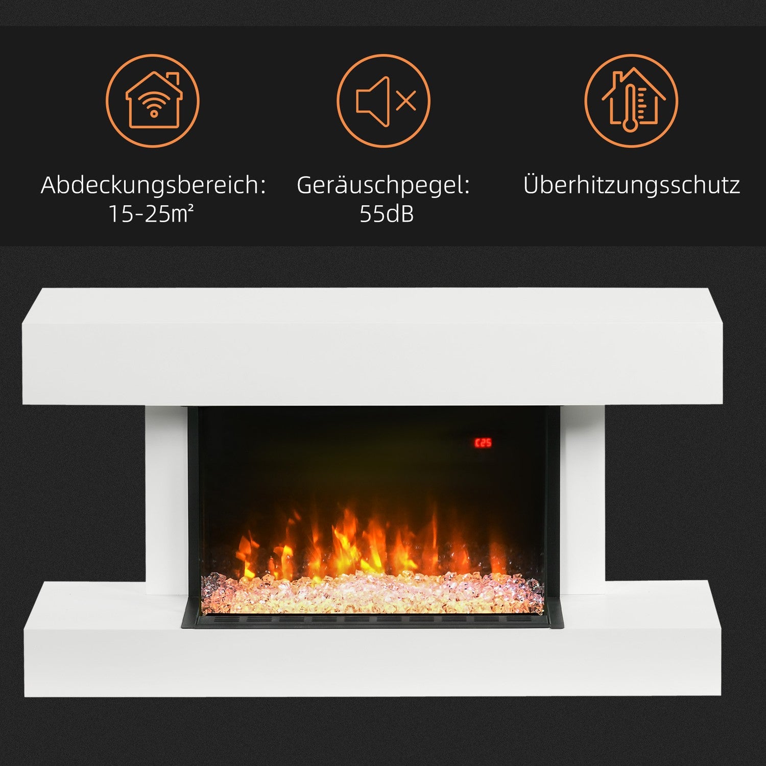 Elektrisk öppen spis, Justerbar Värme, LED Flame, Vit