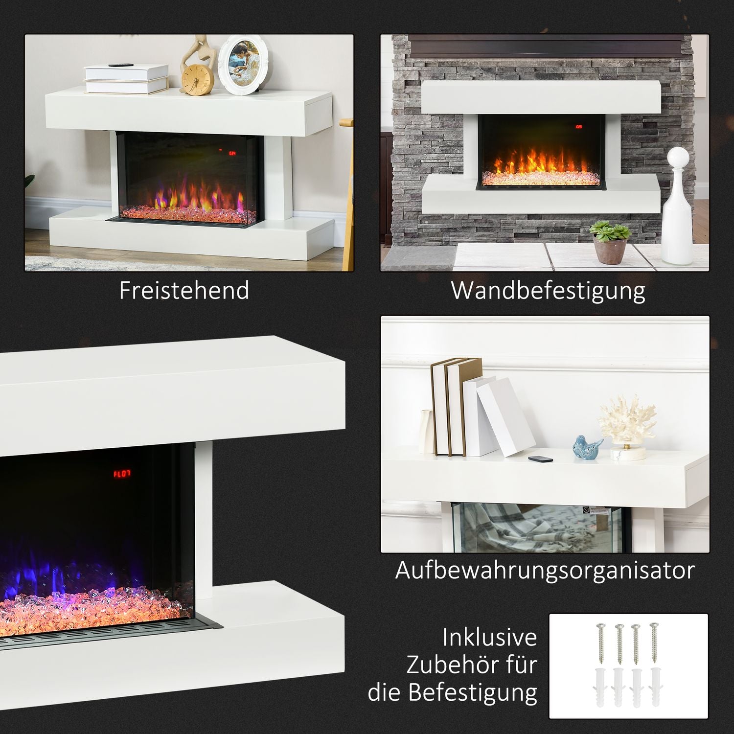 Elektrisk öppen spis, Justerbar Värme, LED Flame, Vit