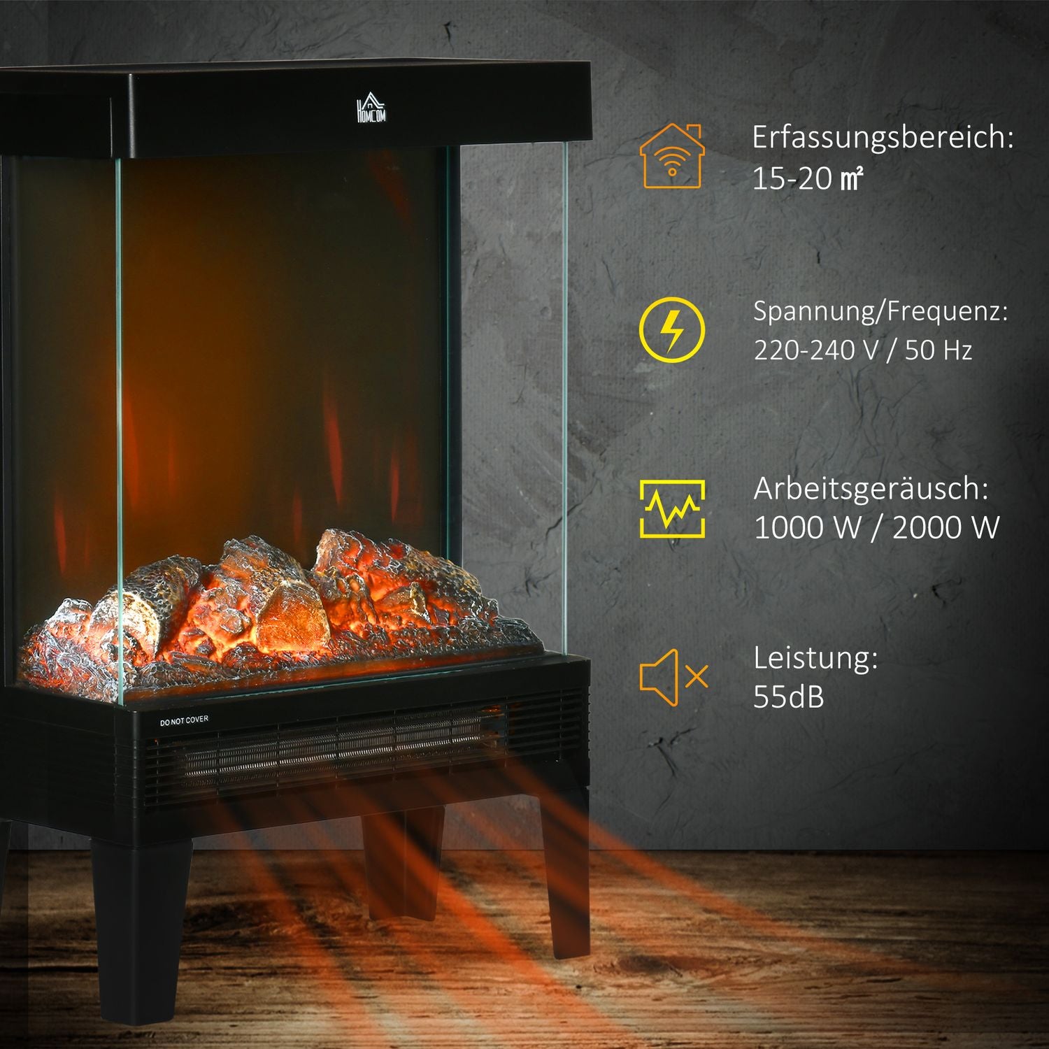 Elektrisk öppen spis med LED Flame, 1000/2000W, Svart