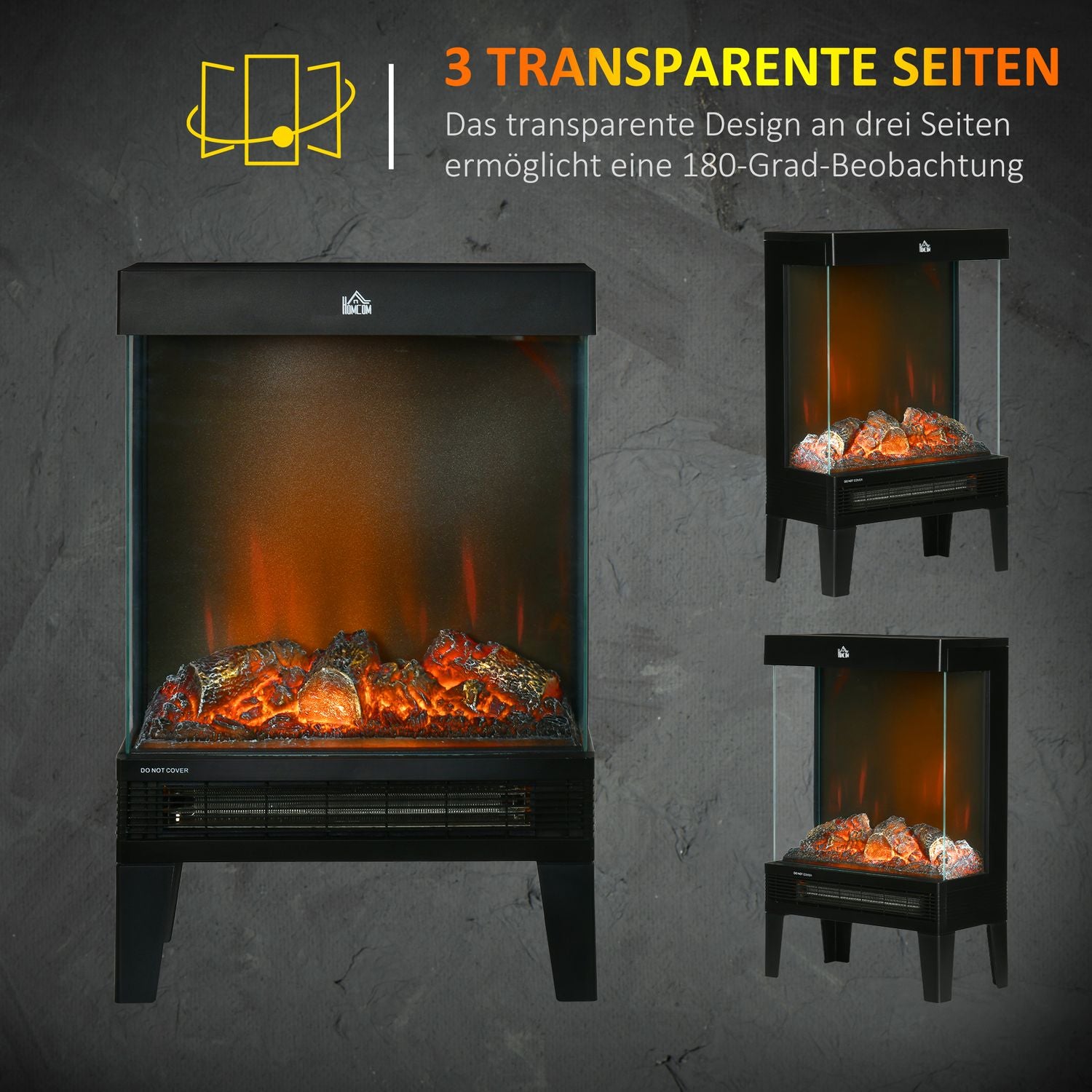 Elektrisk öppen spis med LED Flame, 1000/2000W, Svart