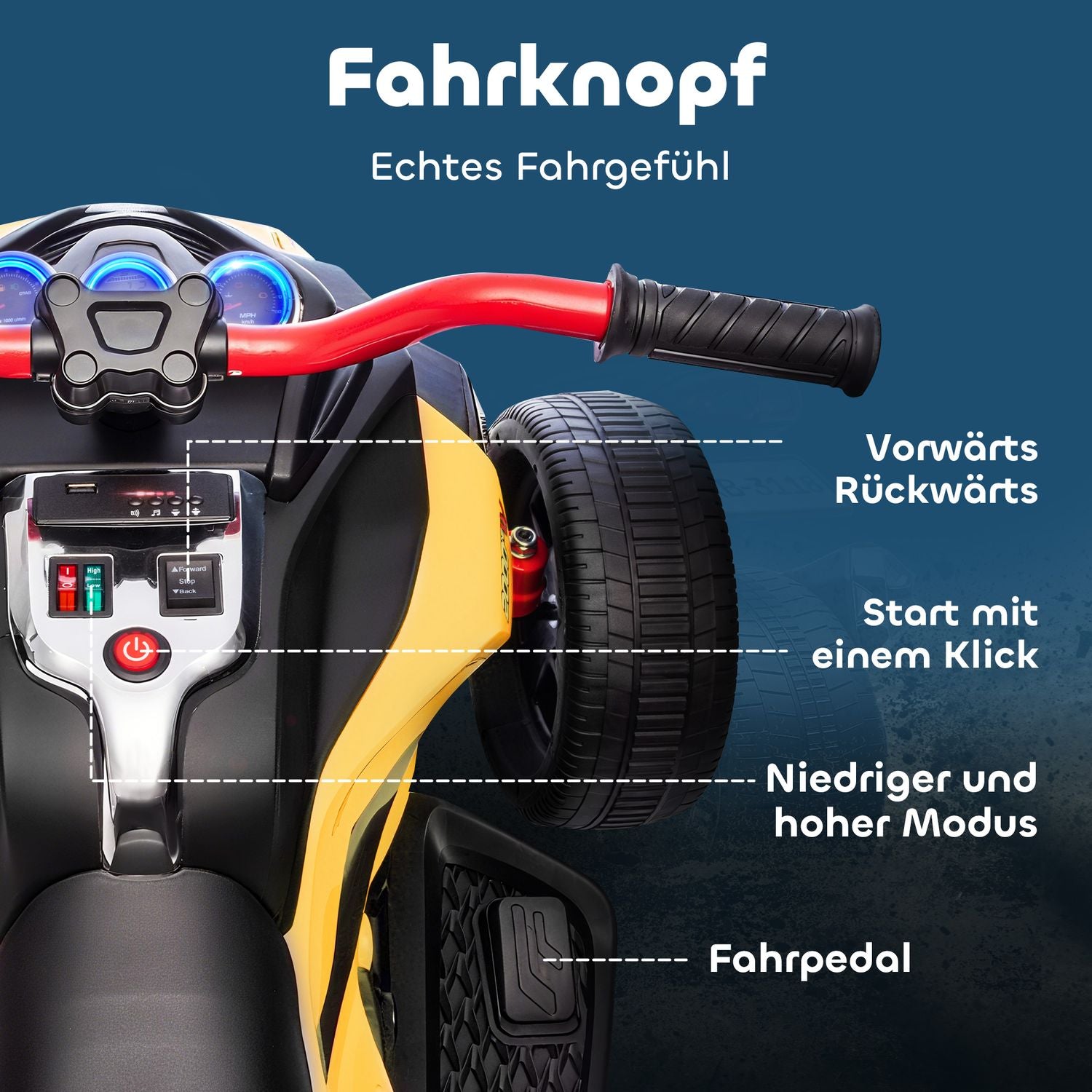 Elektrisk trehjuling för barn, batteri, MP3, LED, åldrar 3-8, gul