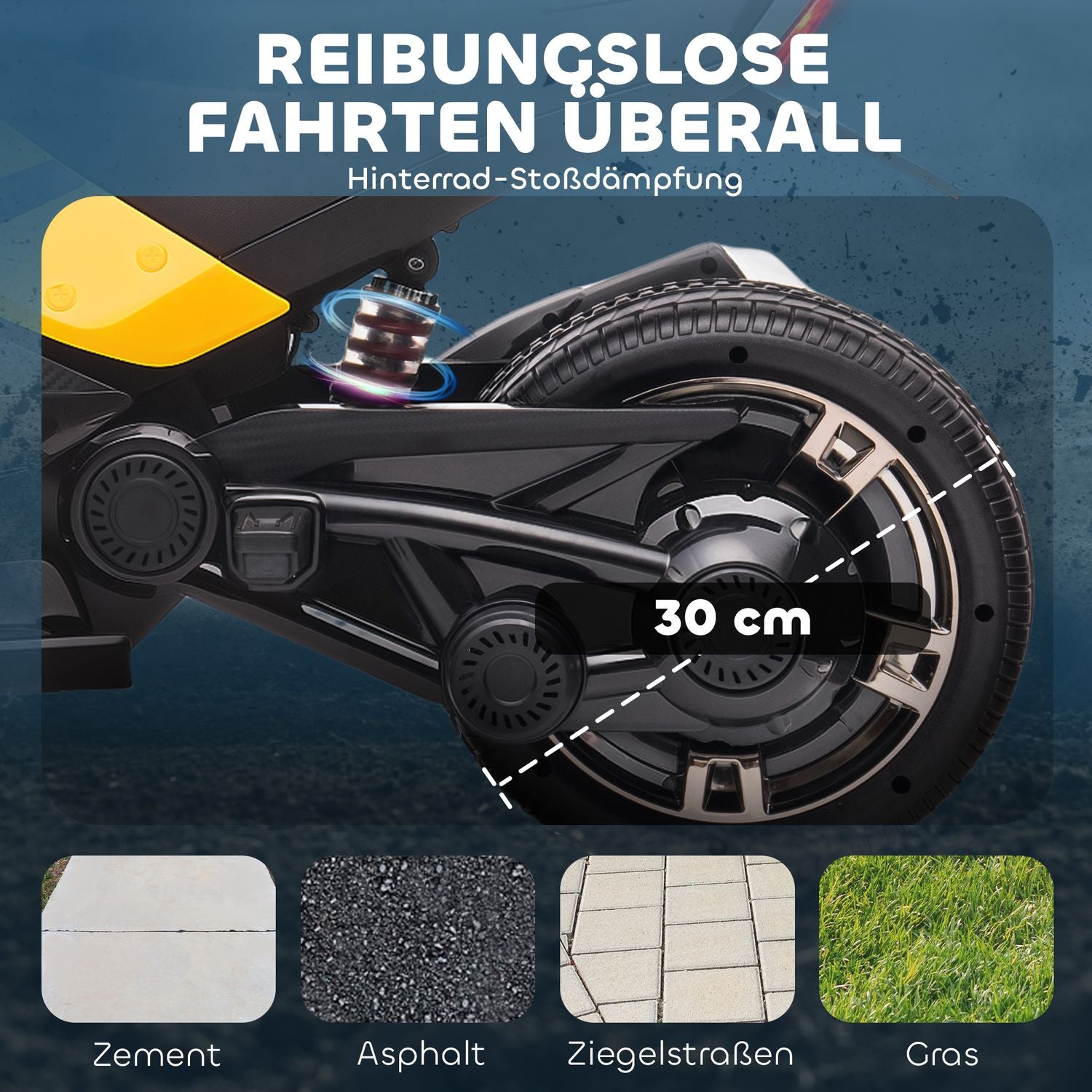 Elektrisk trehjuling för barn, batteri, MP3, LED, åldrar 3-8, gul