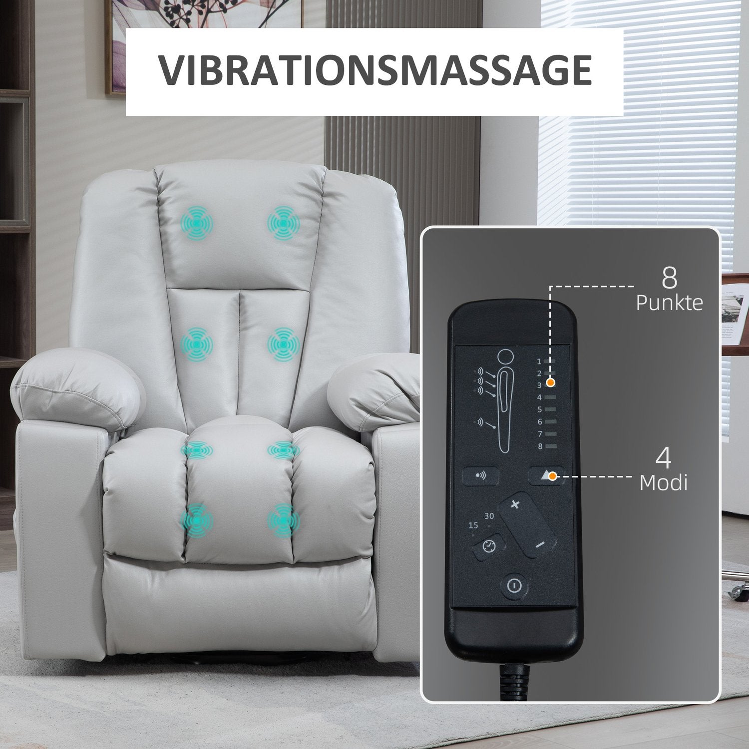 Elektrisk vilstol – massage, fjäderkärna, ljusgrå