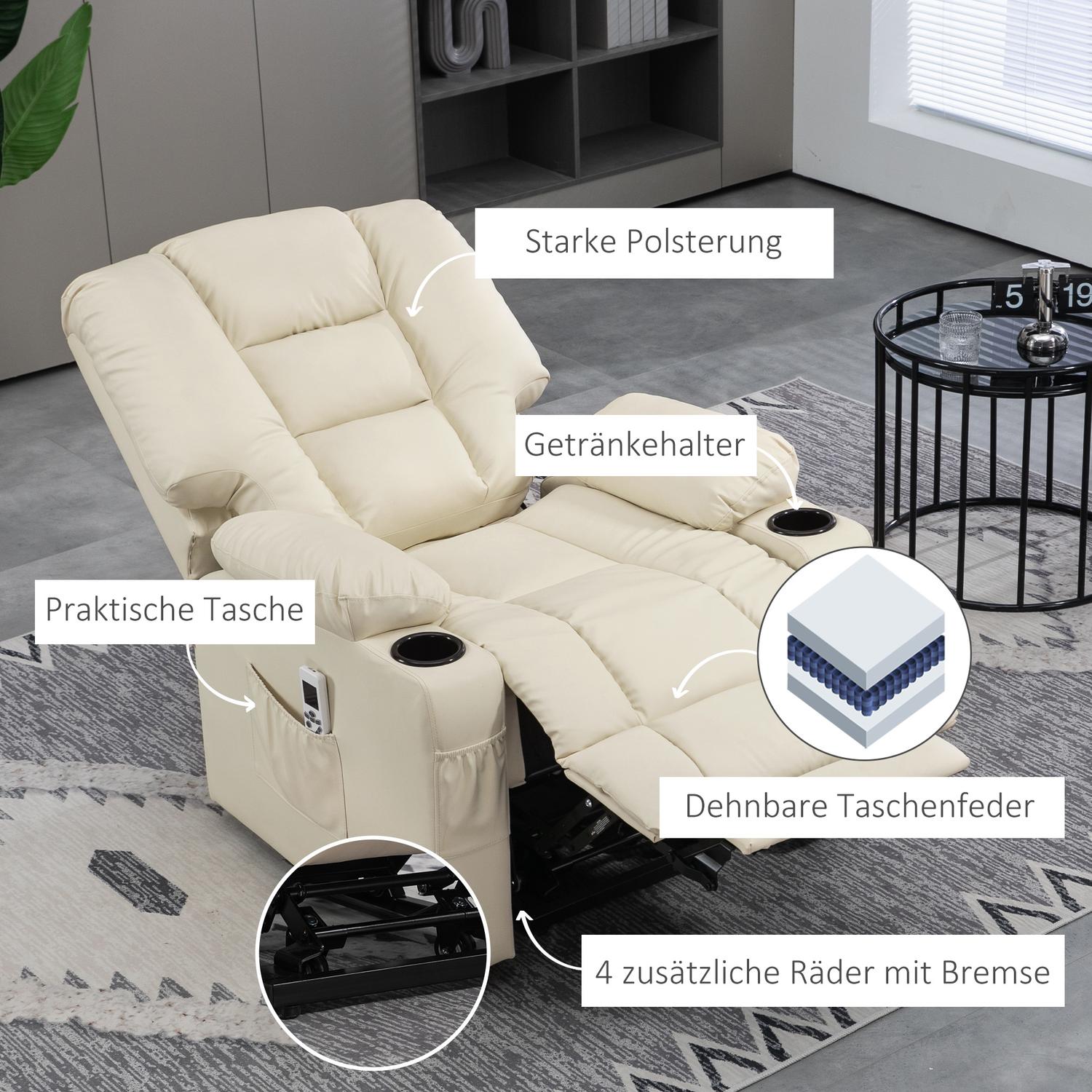 Elektrické relaxační křeslo s masáží, kolečky a držákem na nápoje