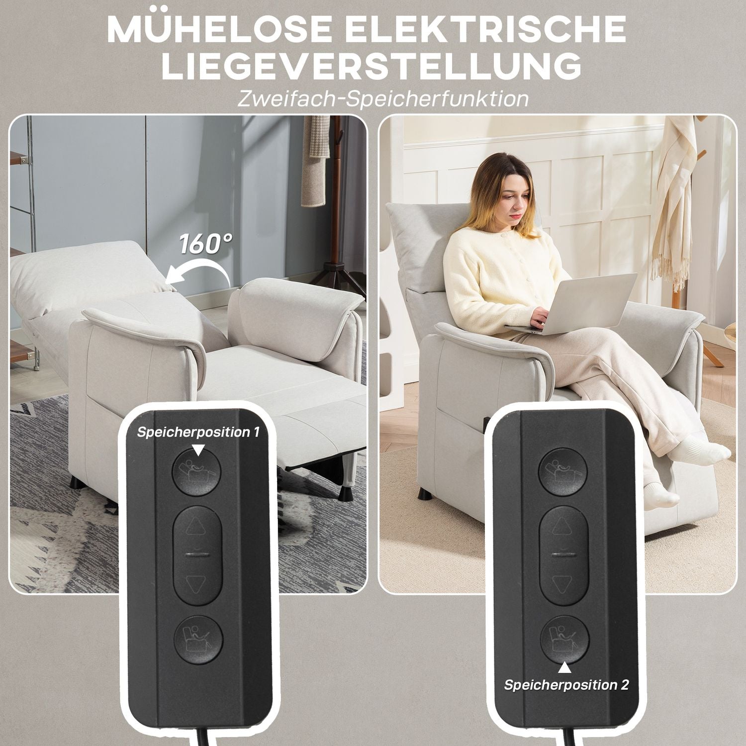 Elektrické polohovací křeslo s tichou paměťovou funkcí, krémový samet