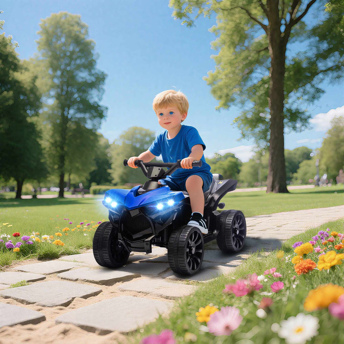 Elektrická čtyřkolka pro děti, motor 6 V, hudba a světla, modrá