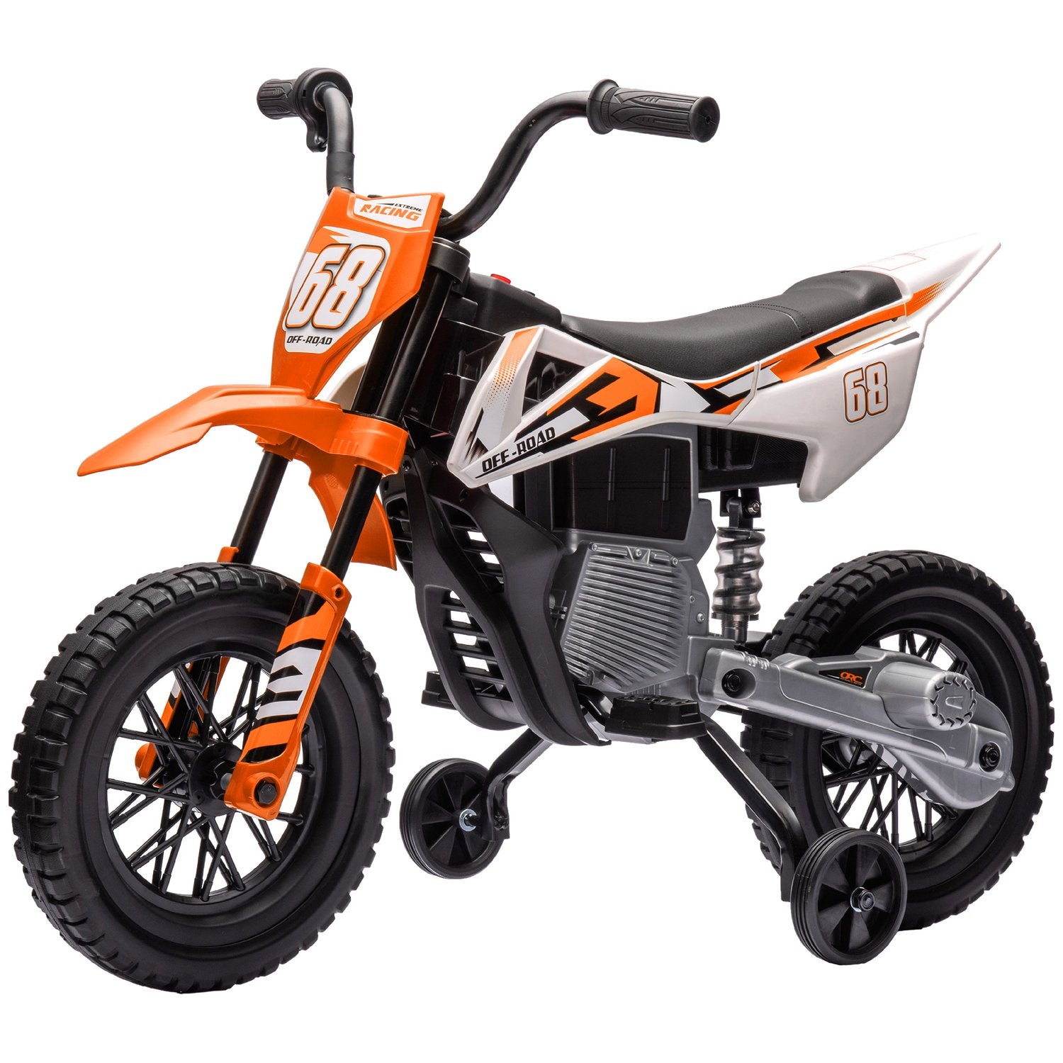 Elektrická motorka pro děti, 12V, hudba, pomocná kolečka, oranžová