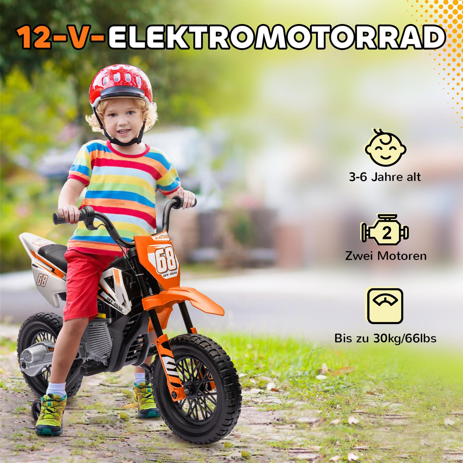 Elektrická motorka pro děti, 12V, hudba, pomocná kolečka, oranžová