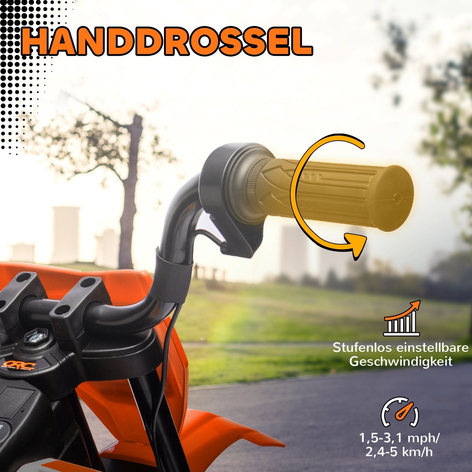 Elektrická motorka pro děti, 12V, hudba, pomocná kolečka, oranžová