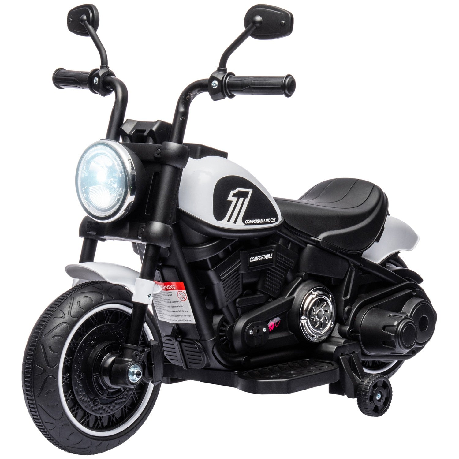 Elektrická motorka pro děti s postranními kolečky, bílá