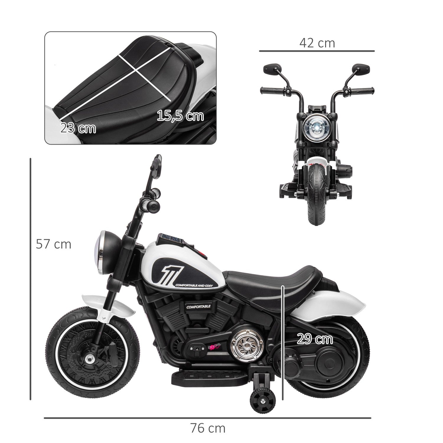 Elektrická motorka pro děti s postranními kolečky, bílá