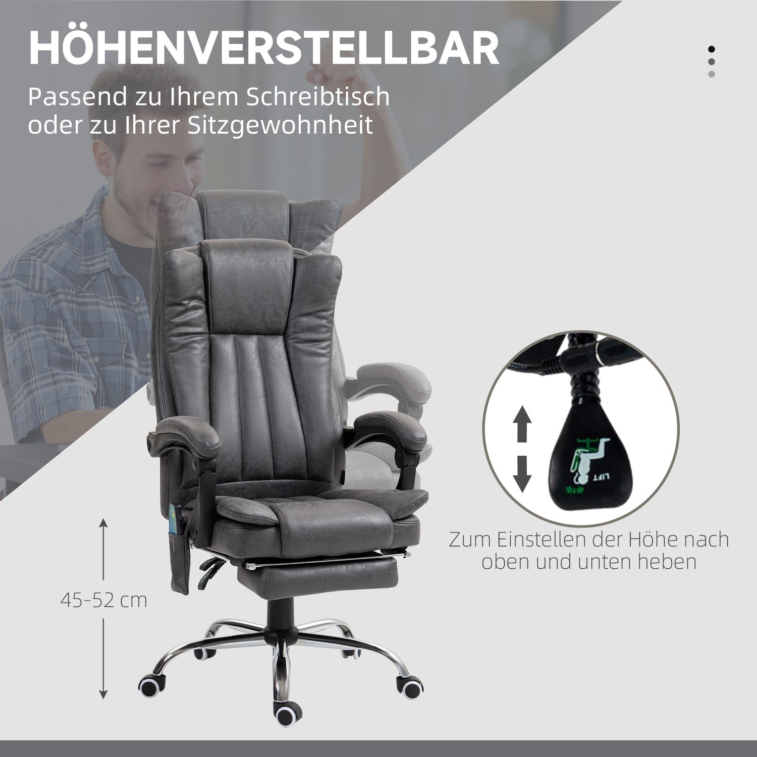 Ergonomická šedá kancelářská židle, masáž a vyhřívání, nastavitelná výška