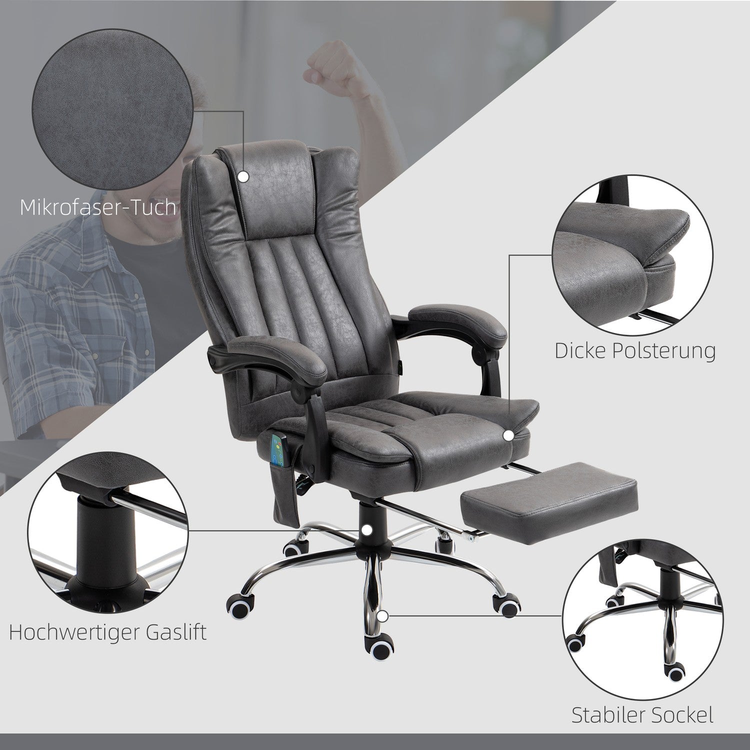 Ergonomická šedá kancelářská židle, masáž a vyhřívání, nastavitelná výška