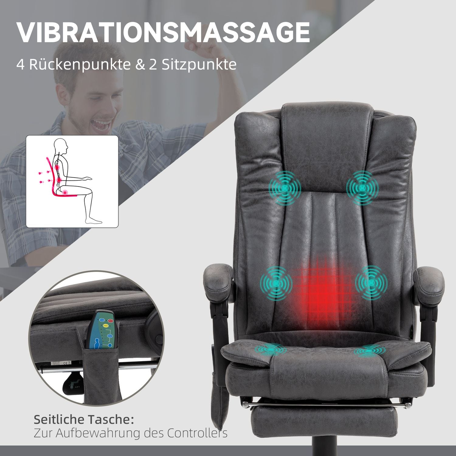 Ergonomická šedá kancelářská židle, masáž a vyhřívání, nastavitelná výška
