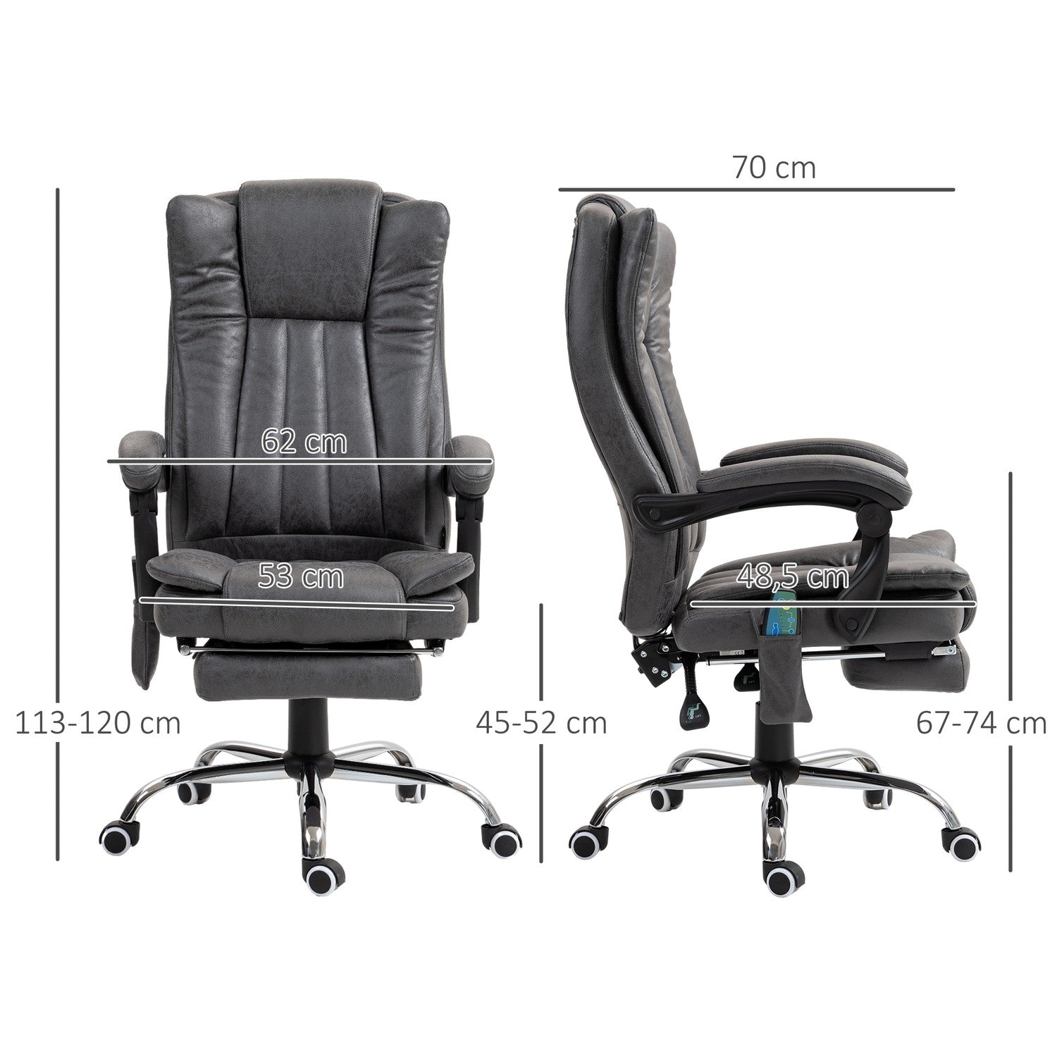 Ergonomická šedá kancelářská židle, masáž a vyhřívání, nastavitelná výška