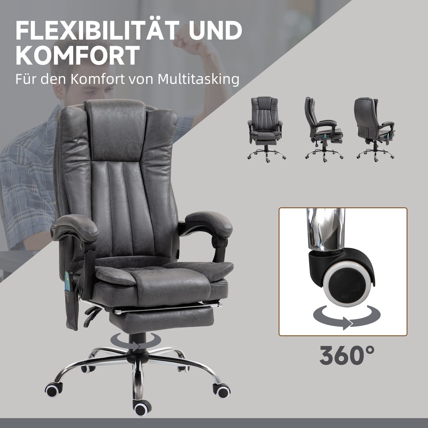 Ergonomická šedá kancelářská židle, masáž a vyhřívání, nastavitelná výška