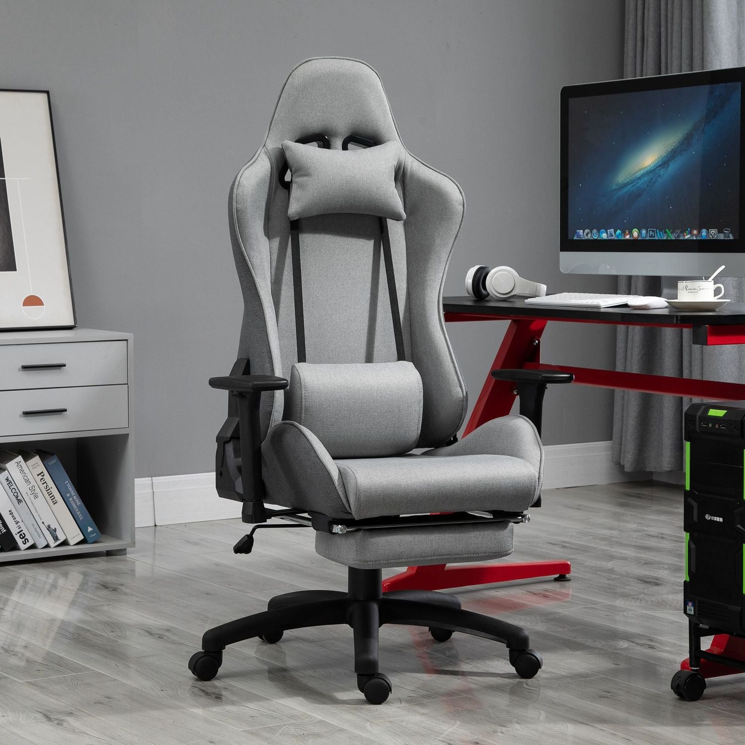 Ergonomisk grå kontorsstol med huvud- och ländkuddar