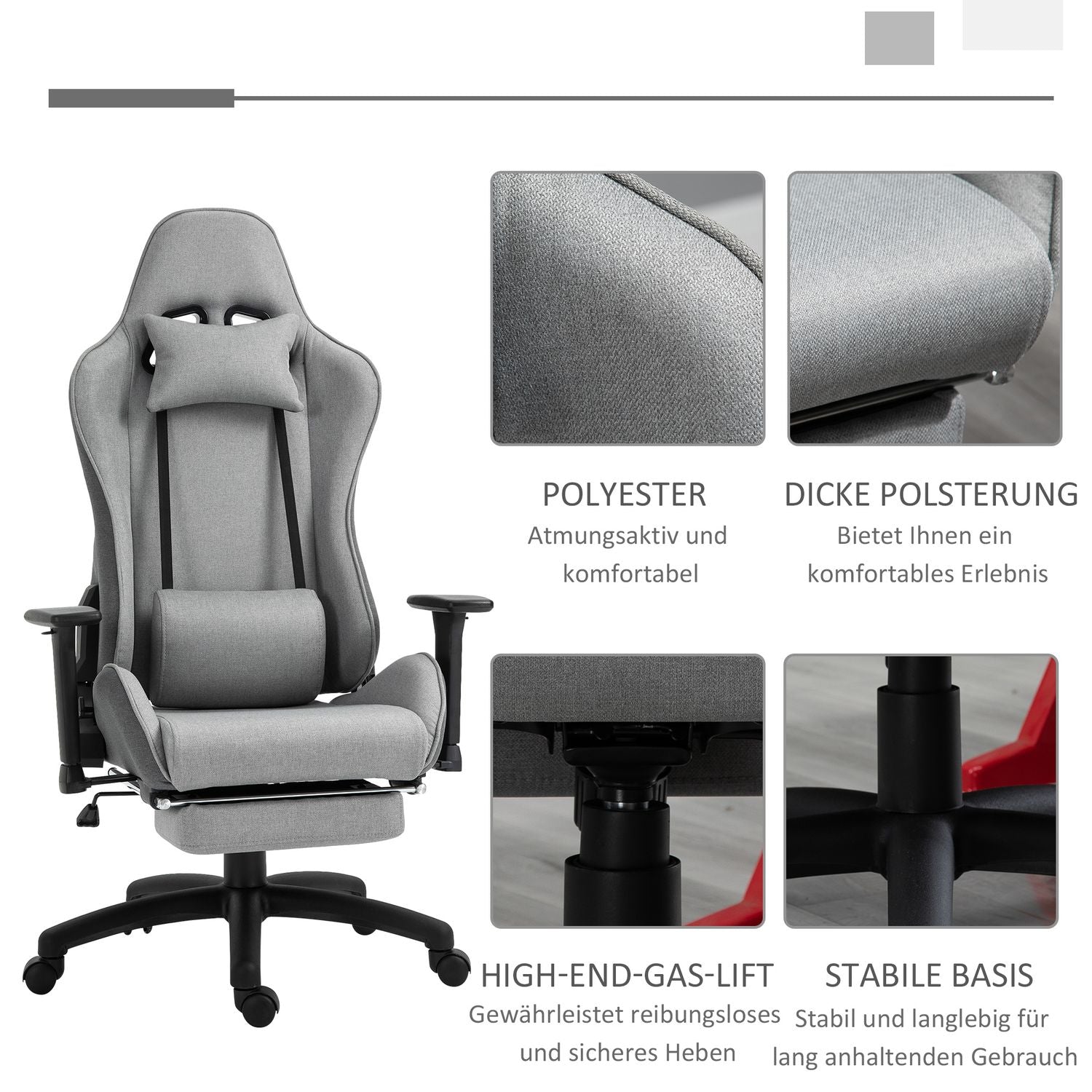 Ergonomisk grå kontorsstol med huvud- och ländkuddar