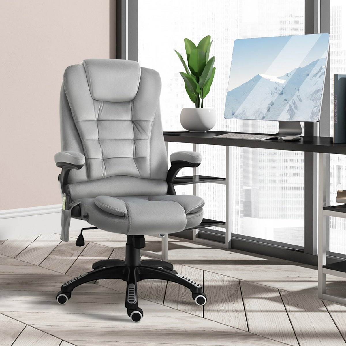 Ergonomické šedé masážní křeslo – výškově nastavitelné do kanceláře a pro hraní