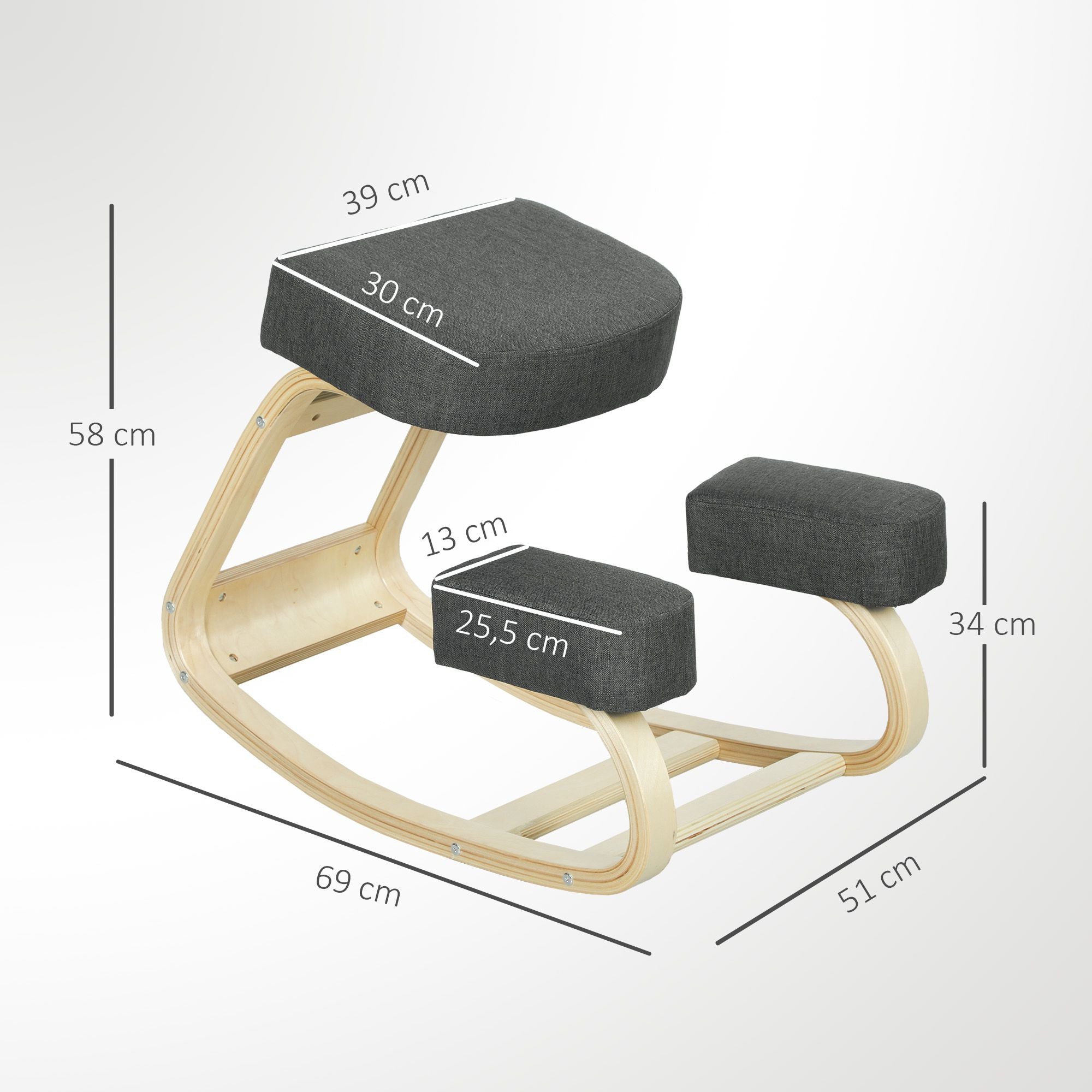 Ergonomisk knäböjstol, björkträ, 120 kg kapacitet, mörkgrå