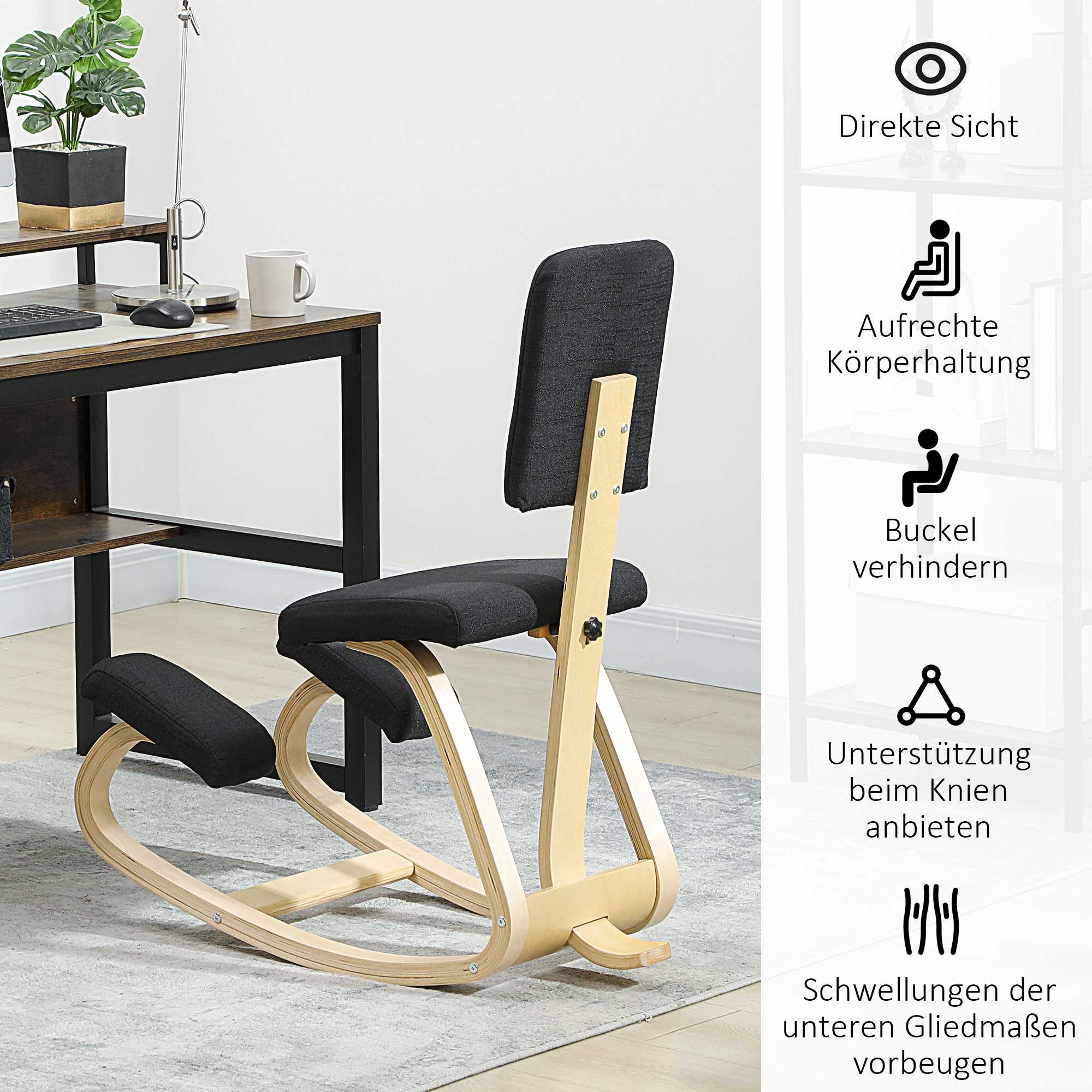 Ergonomisk knäböjstol, björkträ, svart, för hemmabruk och kontor