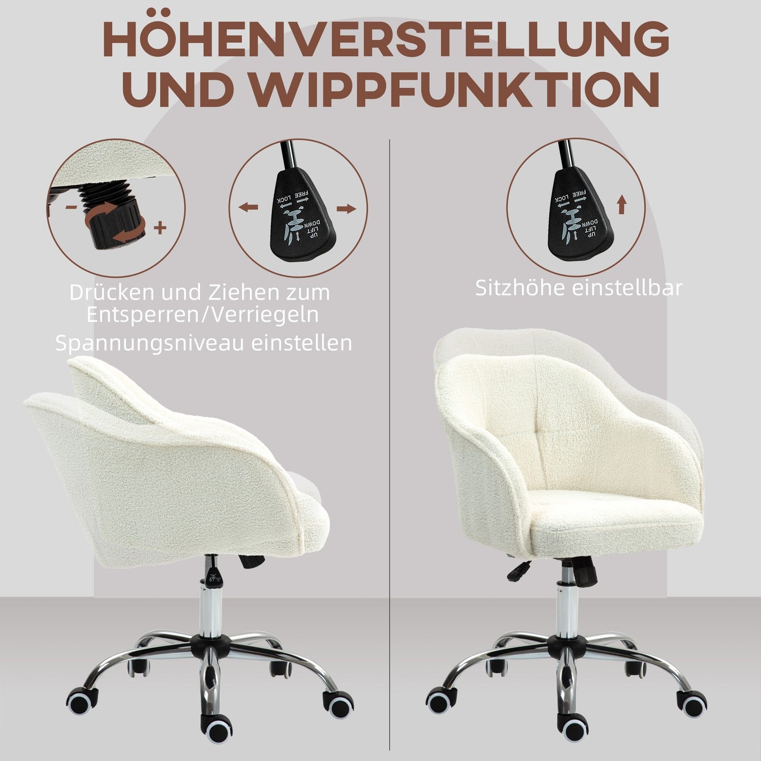 Ergonomisk kontorsstol, Krämvit Teddy Fleece, Justerbar höjd