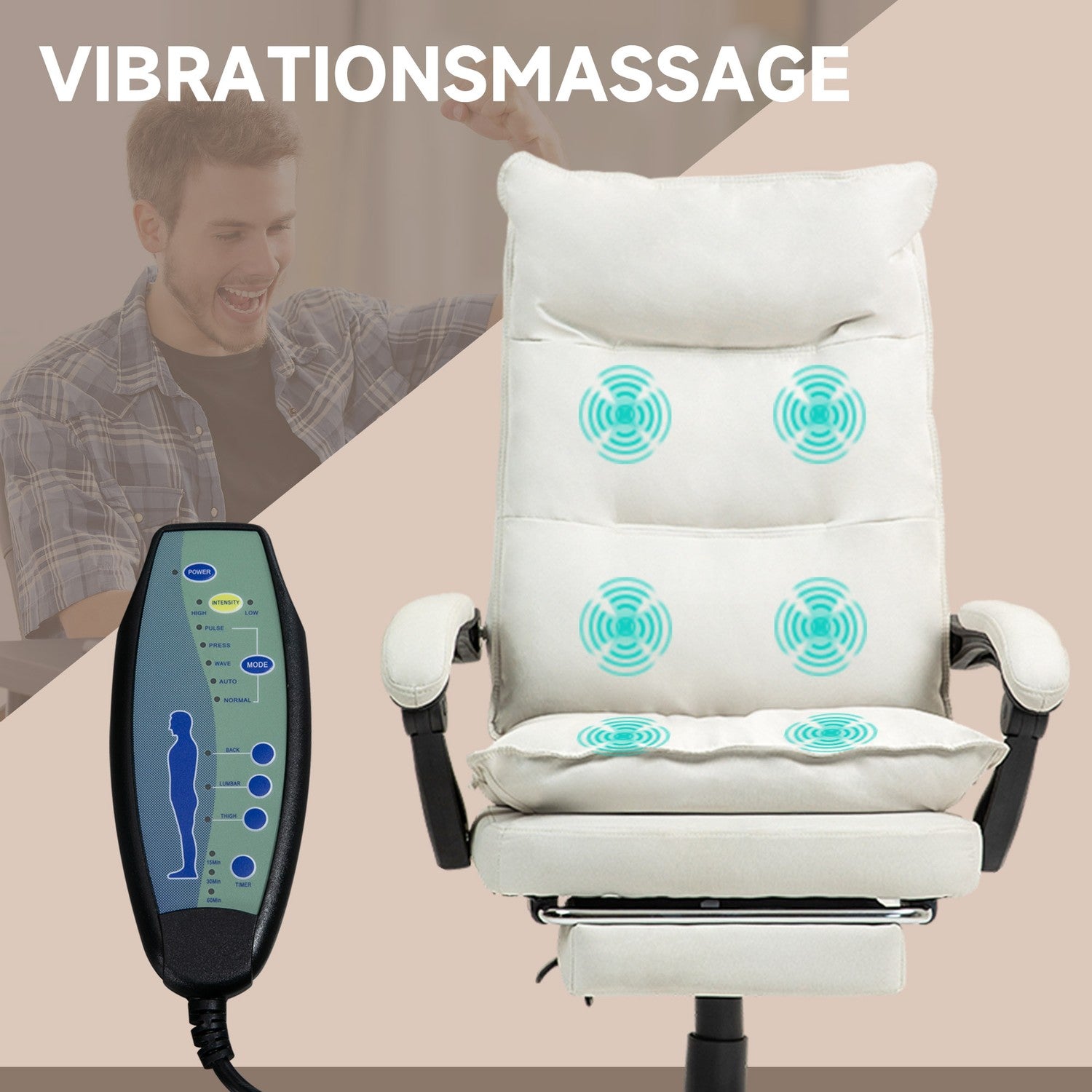 Ergonomická kancelářská židle, masážní funkce a nastavení sklonu, krémově bílá