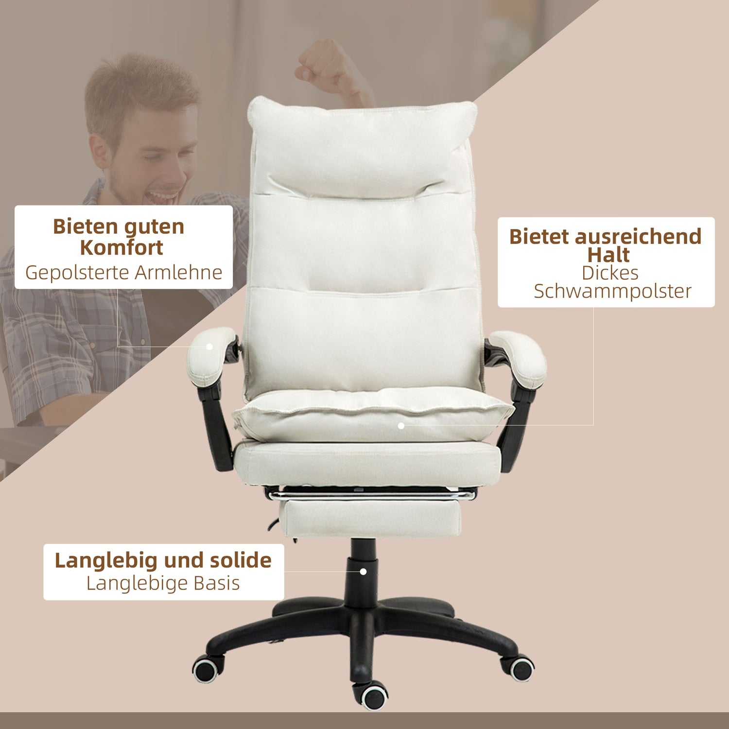 Ergonomická kancelářská židle, masážní funkce a nastavení sklonu, krémově bílá