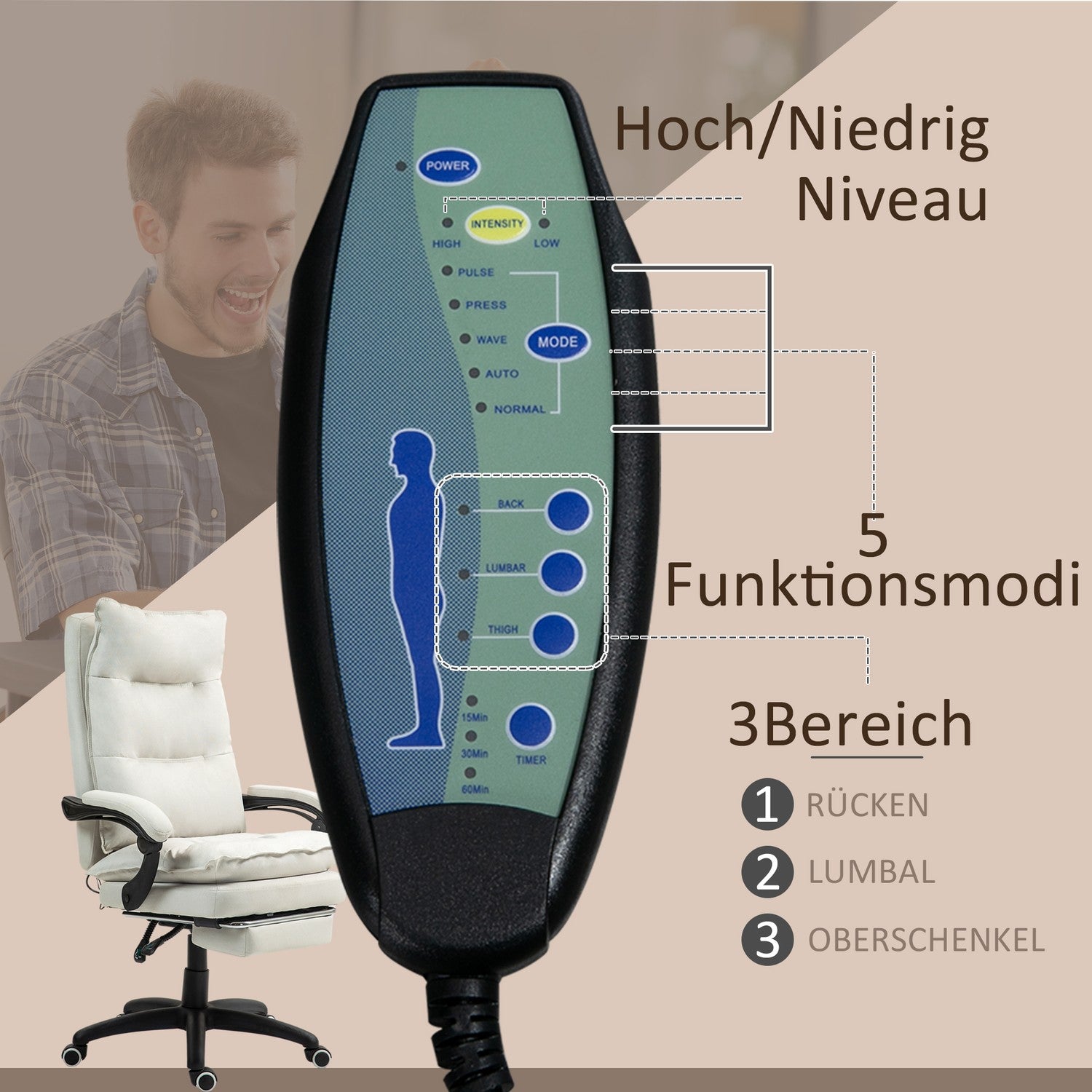 Ergonomická kancelářská židle, masážní funkce a nastavení sklonu, krémově bílá