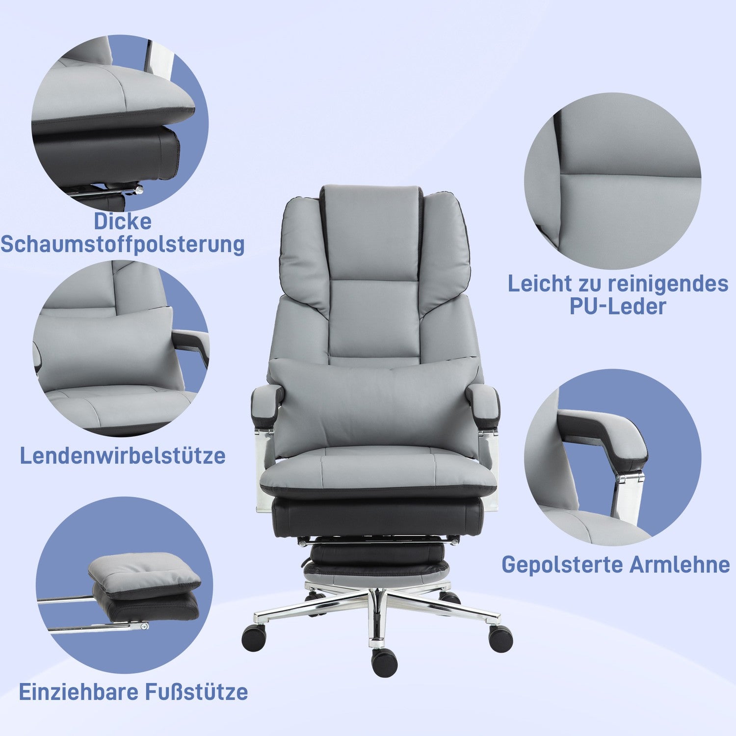 Ergonomisk kontorsstol, gungande, 180 kg belastning, ljusgrått läder