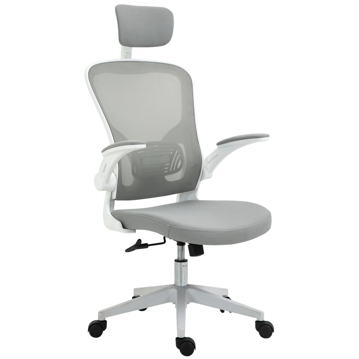 Ergonomická kancelářská židle s vysokým opěradlem a bederní opěrkou, šedá
