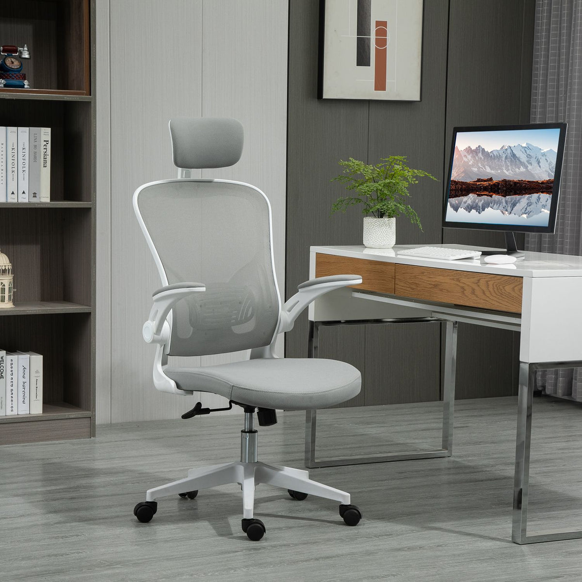 Ergonomická kancelářská židle s vysokým opěradlem a bederní opěrkou, šedá
