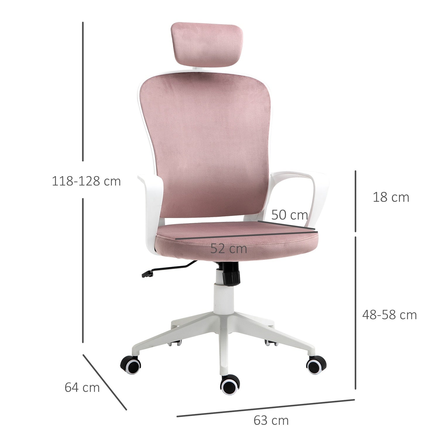 Ergonomisk kontorsstol, höjdjusterbar, rosa 63X64X118-128cm