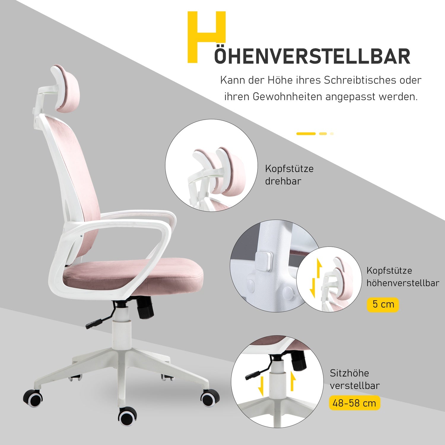 Ergonomisk kontorsstol, höjdjusterbar, rosa 63X64X118-128cm