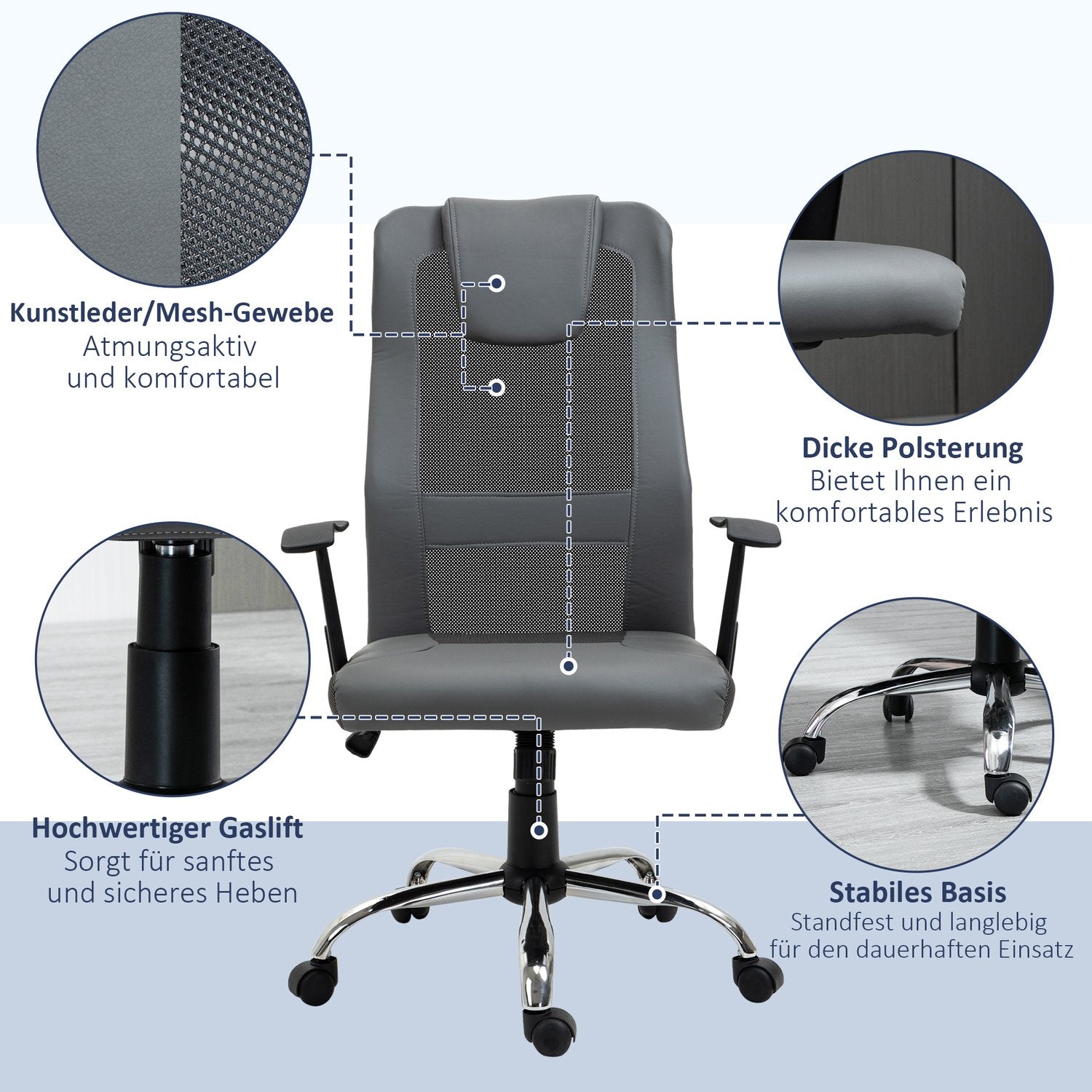 Ergonomisk kontorsstol i grått konstläder justerbar