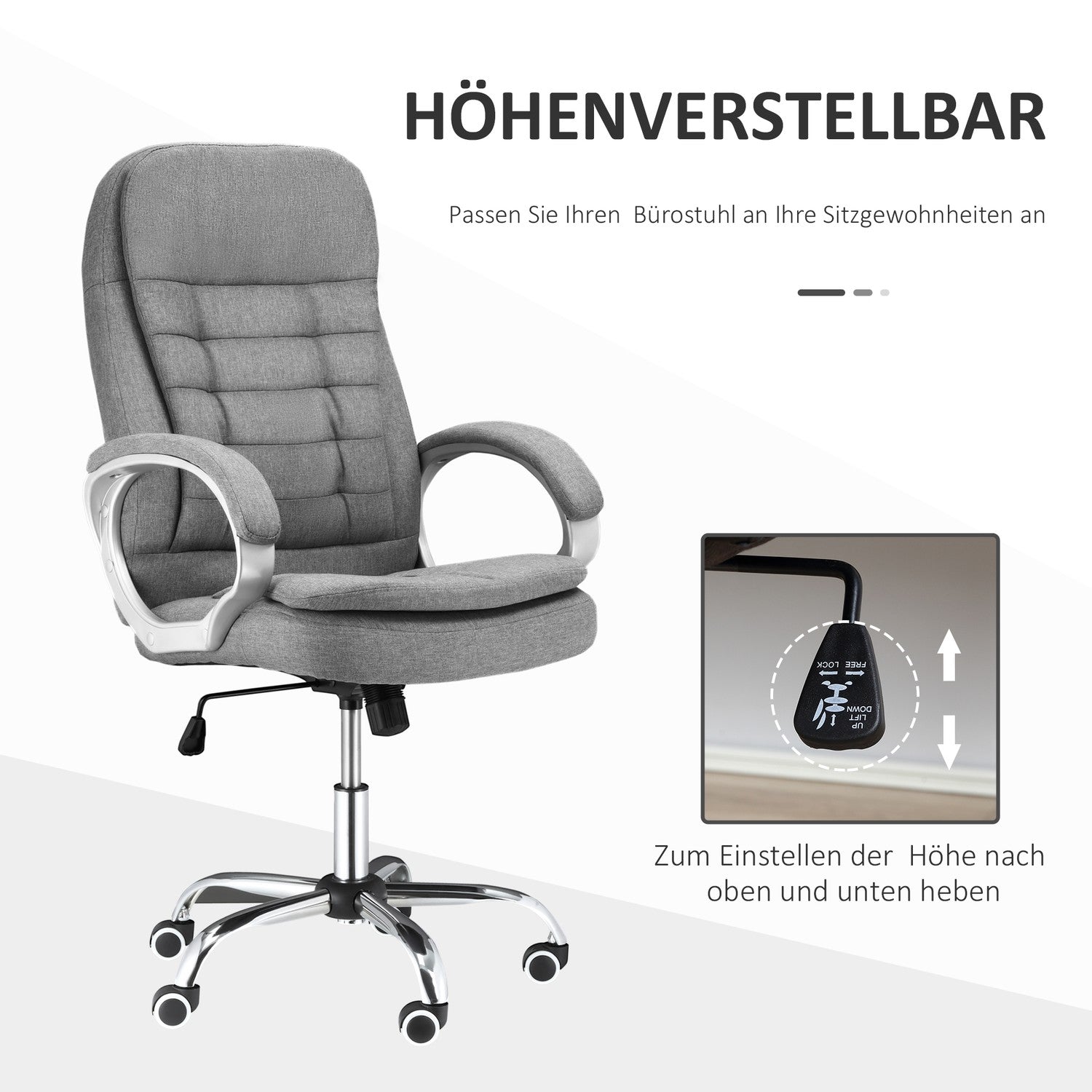 Ergonomisk kontorsstol i grått linne med rocker, justerbar höjd