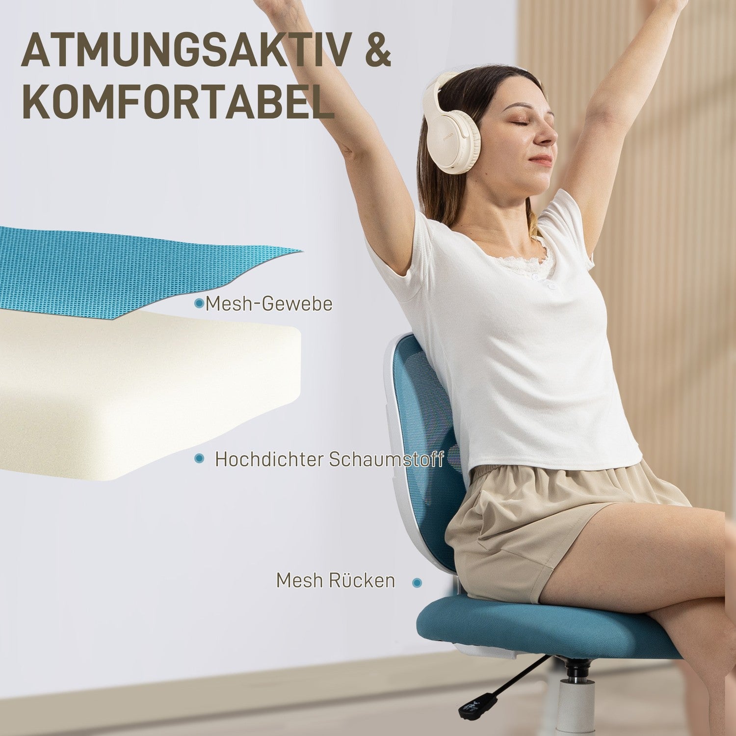 Ergonomisk kontorsstol, justerbar höjd, blått nät