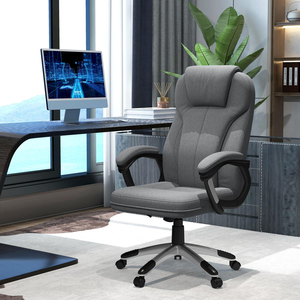Ergonomická kancelářská židle – nastavitelná výška, šedé plátno, opěrka hlavy