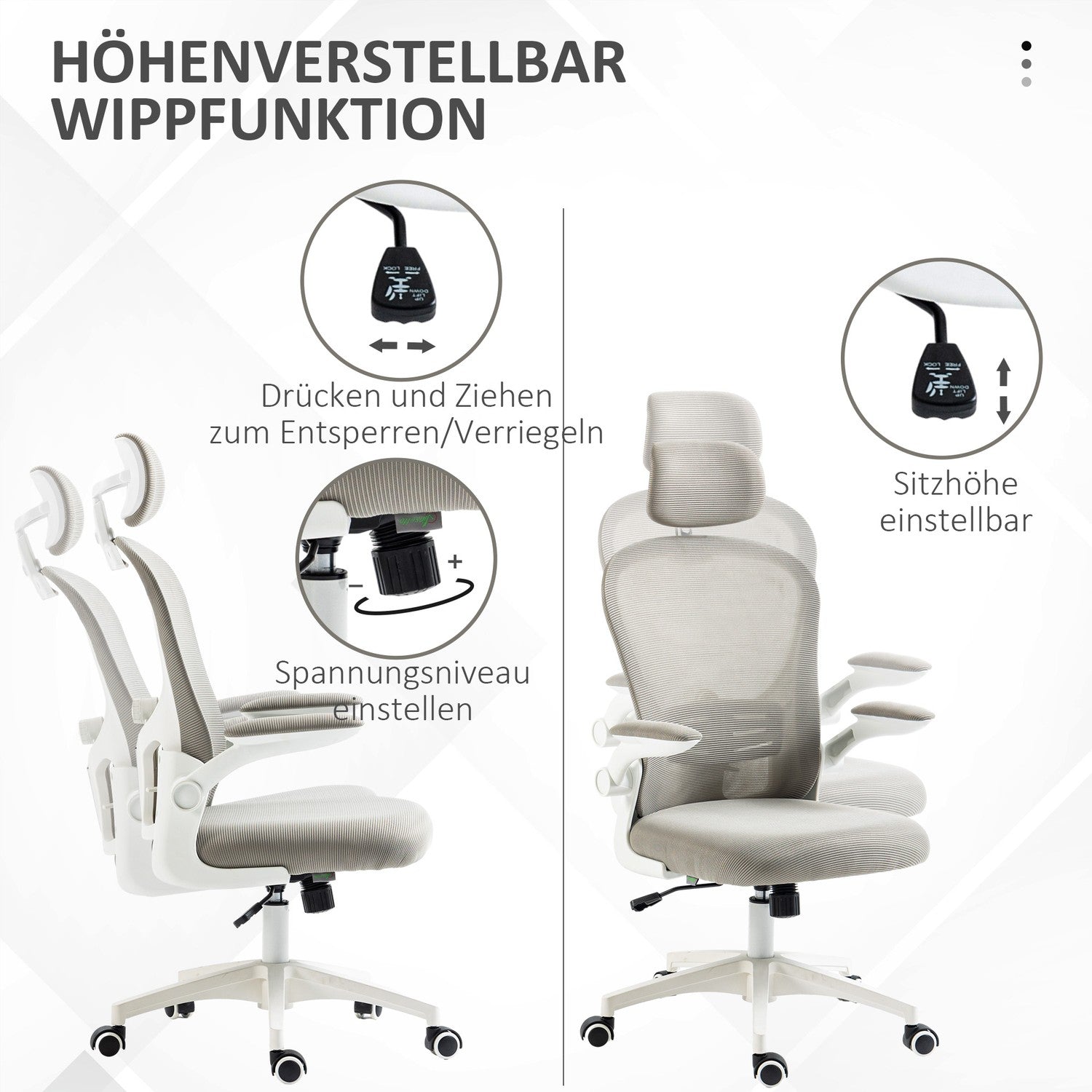 Ergonomická kancelářská židle s nastavitelnou opěrkou hlavy, šedá