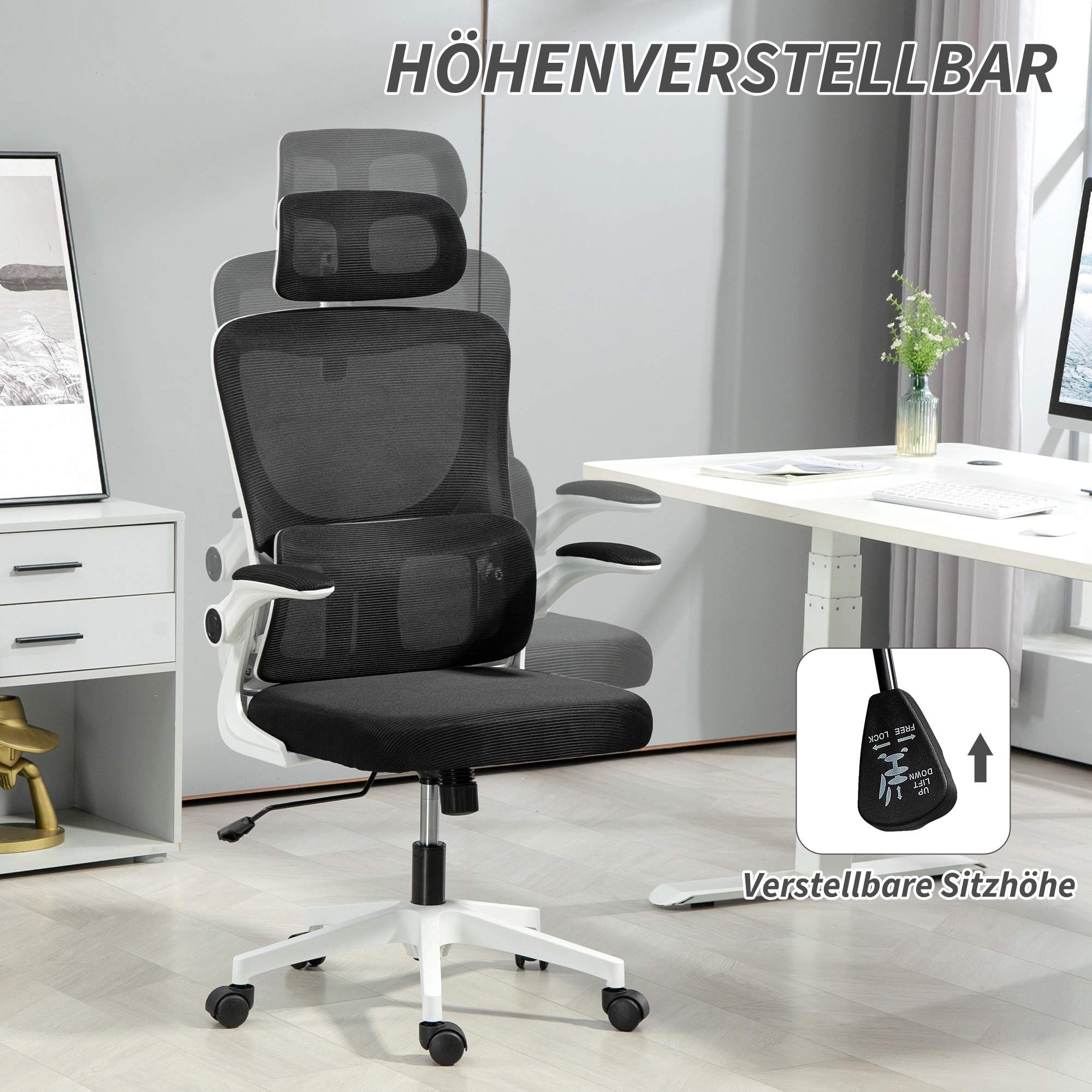 Ergonomisk kontorsstol med justerbart nackstöd, svart nät