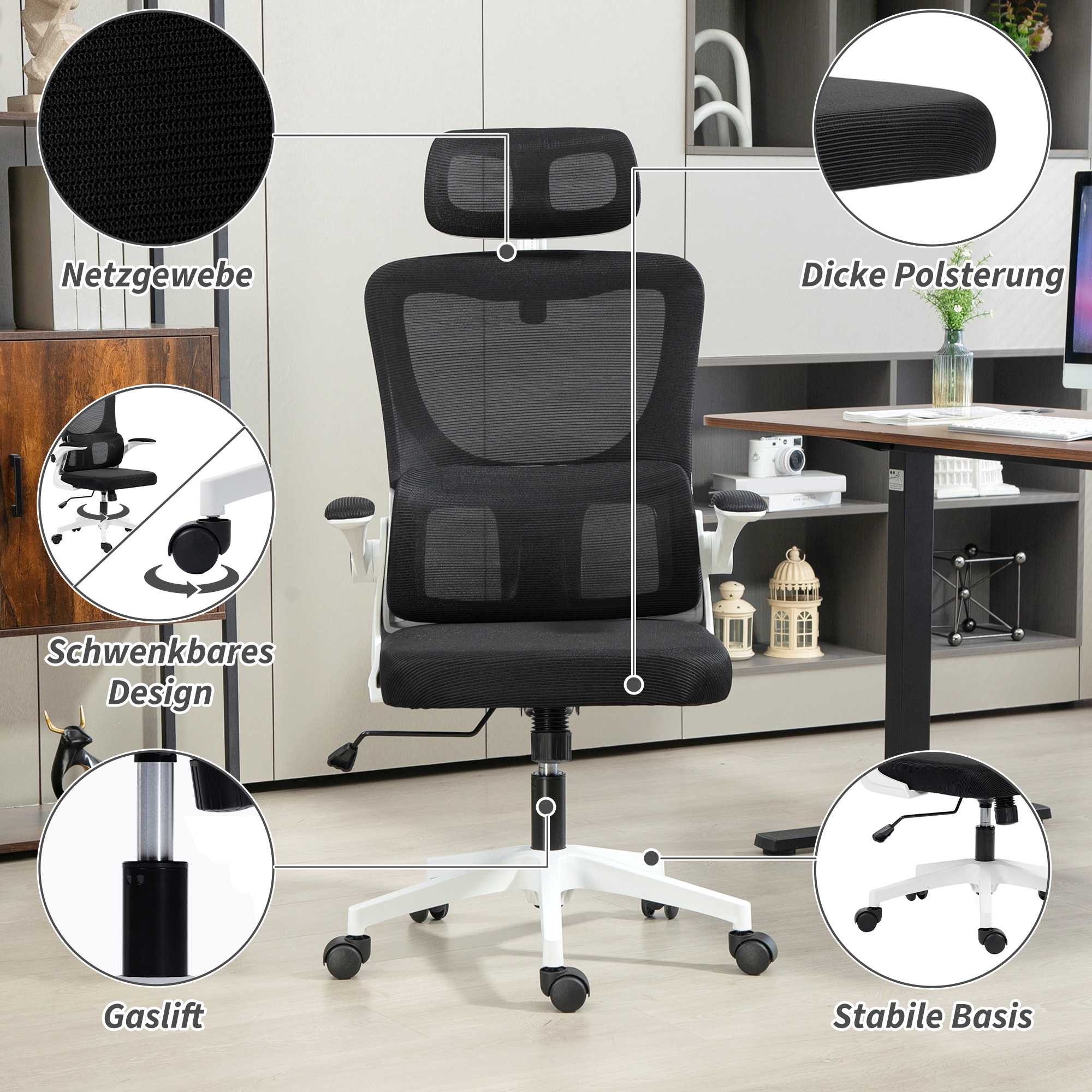 Ergonomisk kontorsstol med justerbart nackstöd, svart nät