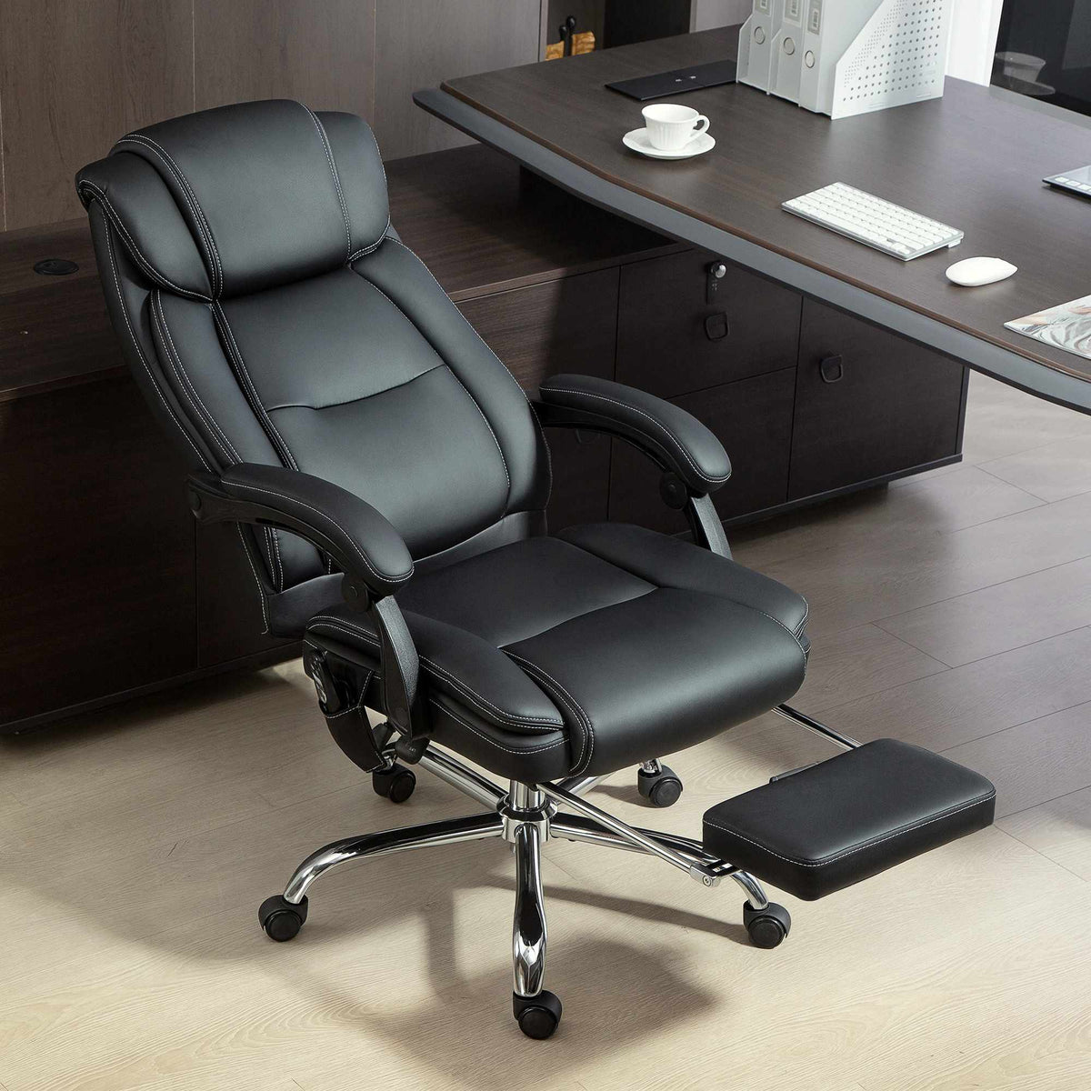 Ergonomická kancelářská židle s masáží, podnožkou, černá kůže