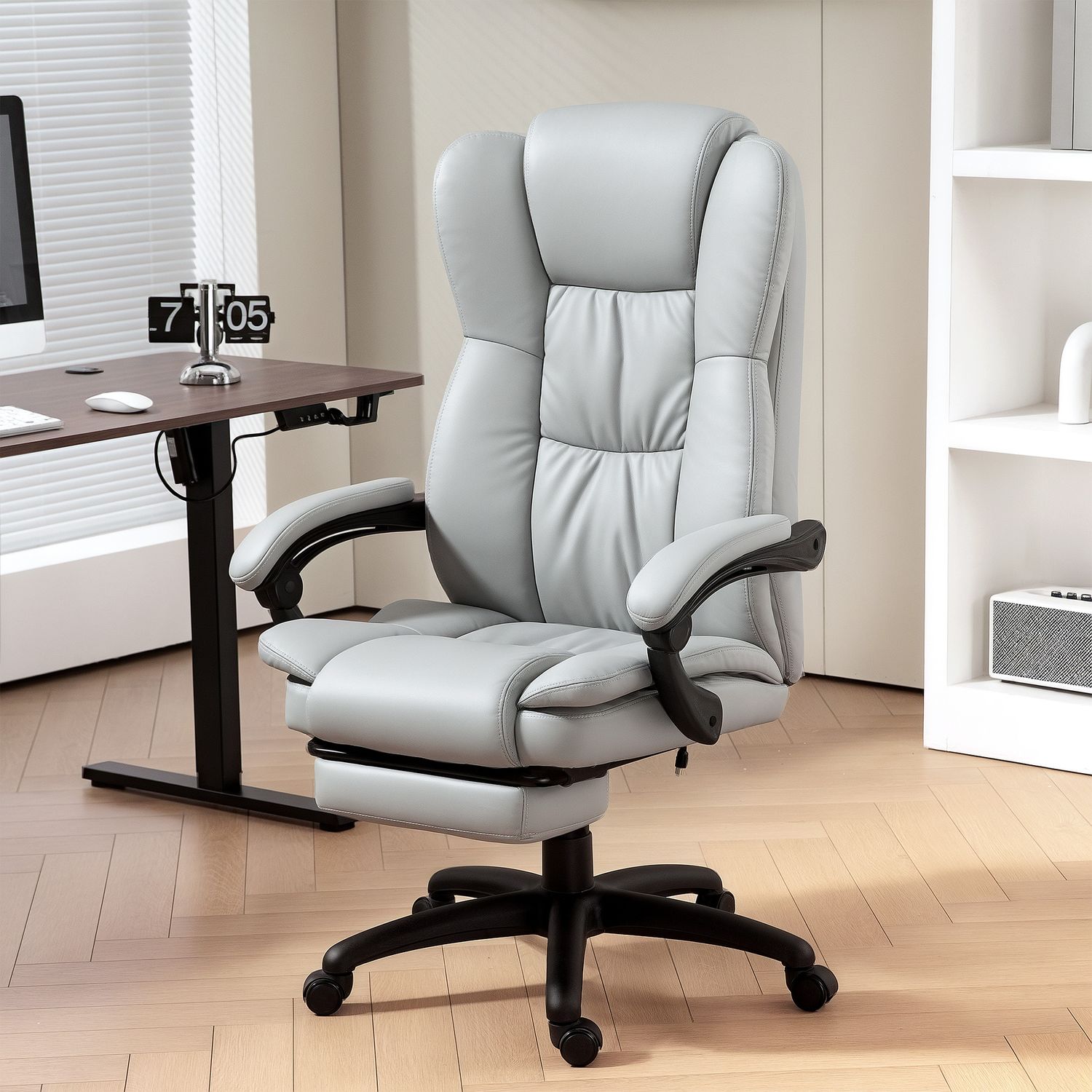 Ergonomisk kontorsstol med massage, lutning, fotstöd, grå