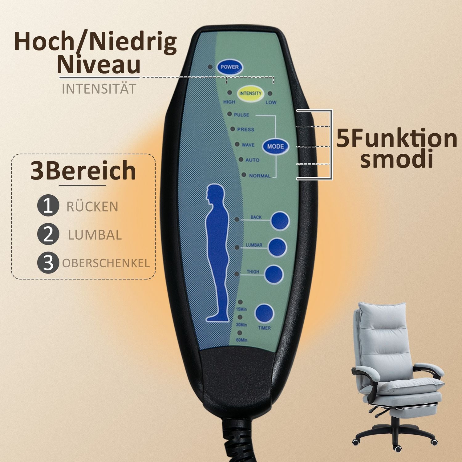 Ergonomické kancelářské křeslo s masáží a funkcí naklápění, světle šedé