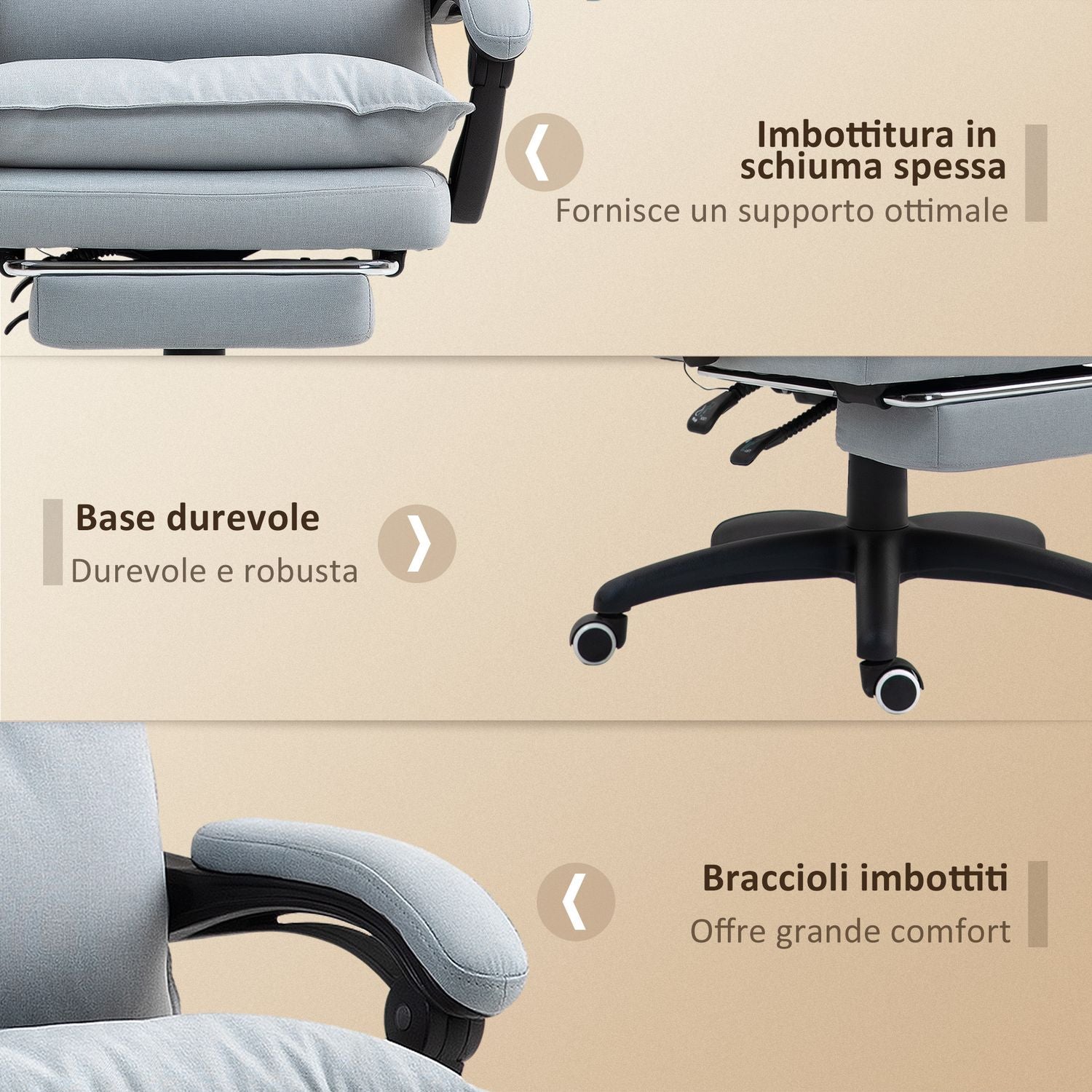Ergonomické kancelářské křeslo s masáží a funkcí naklápění, světle šedé