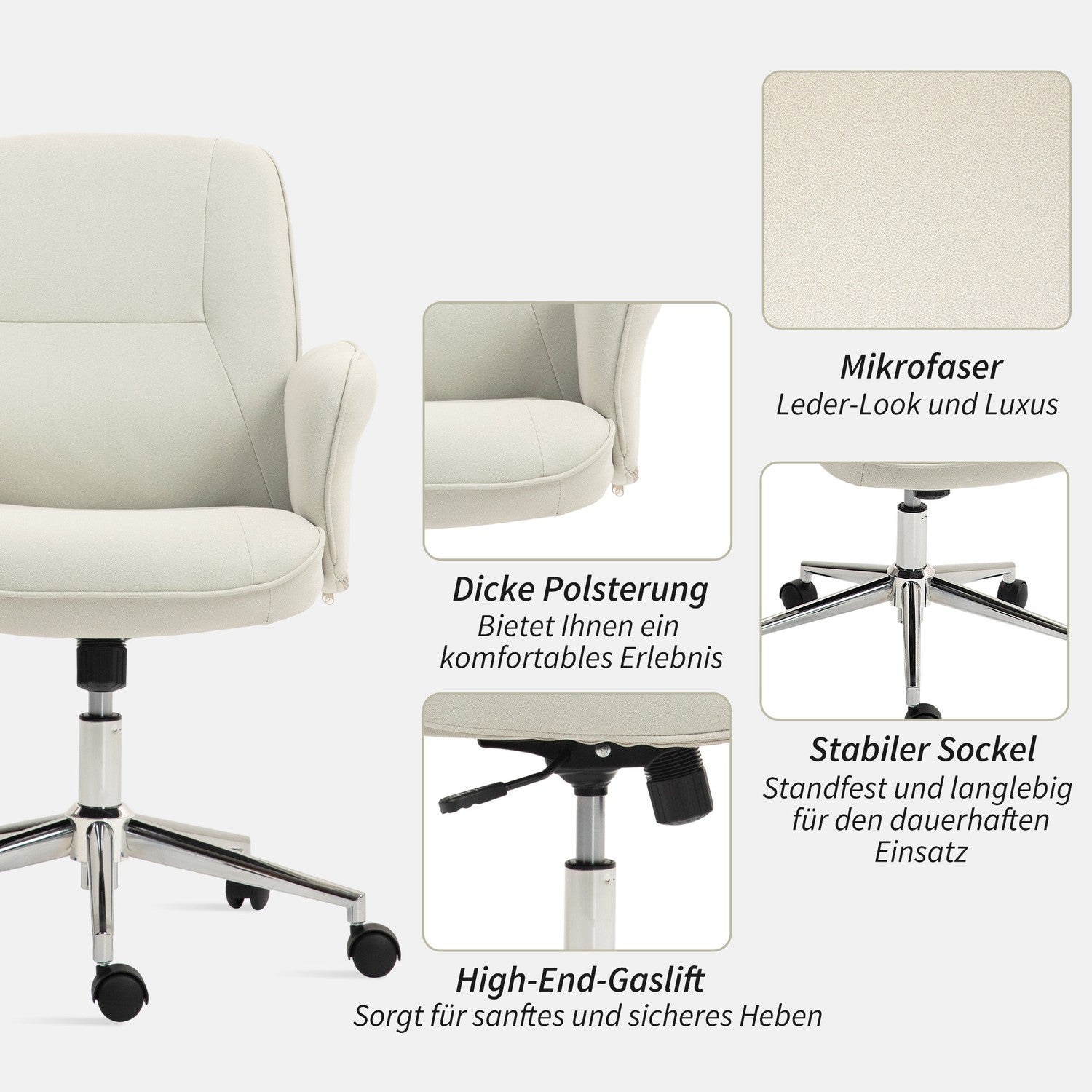 Ergonomisk kontorsstol, mikrofiber, krämvit, justerbar i höjdled