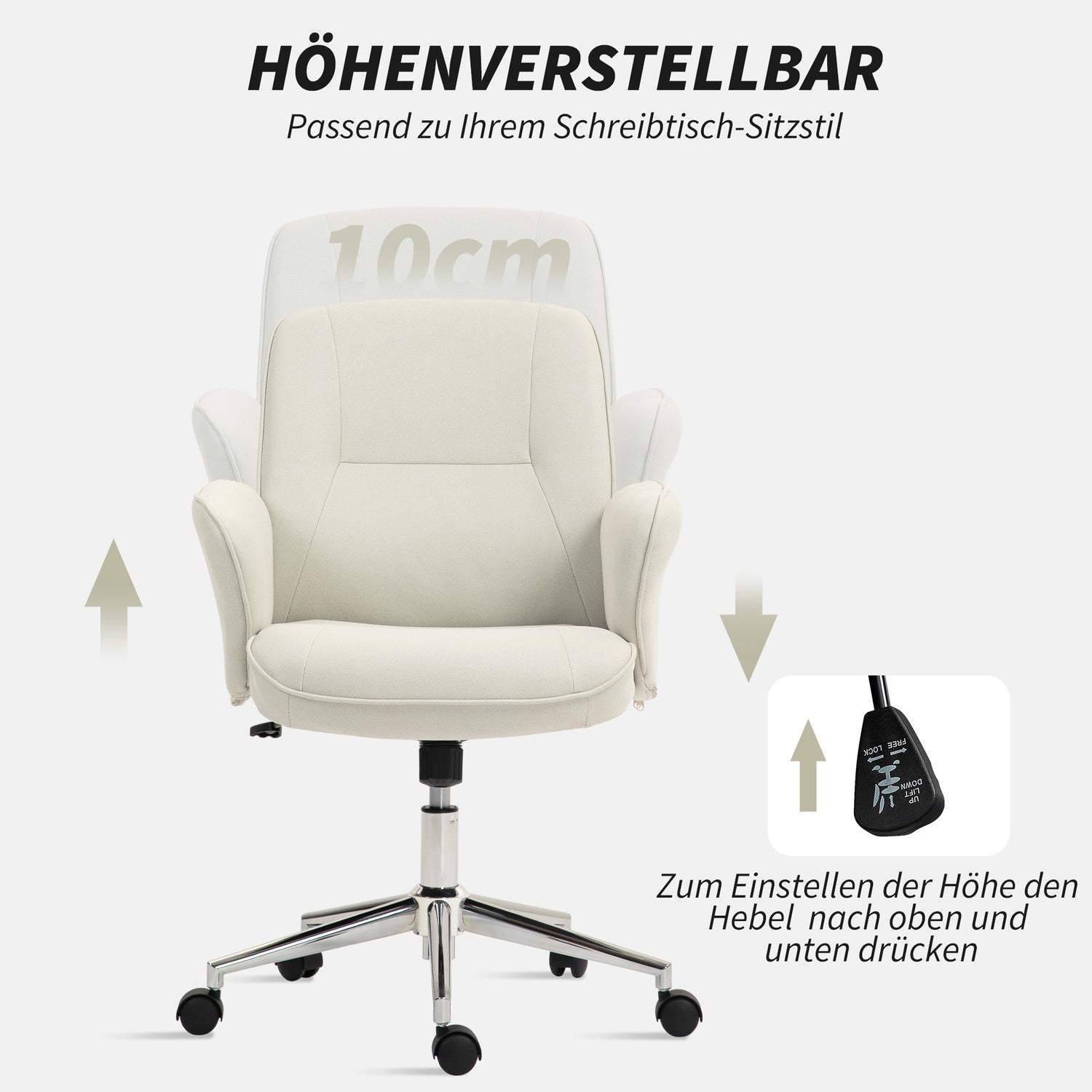 Ergonomisk kontorsstol, mikrofiber, krämvit, justerbar i höjdled