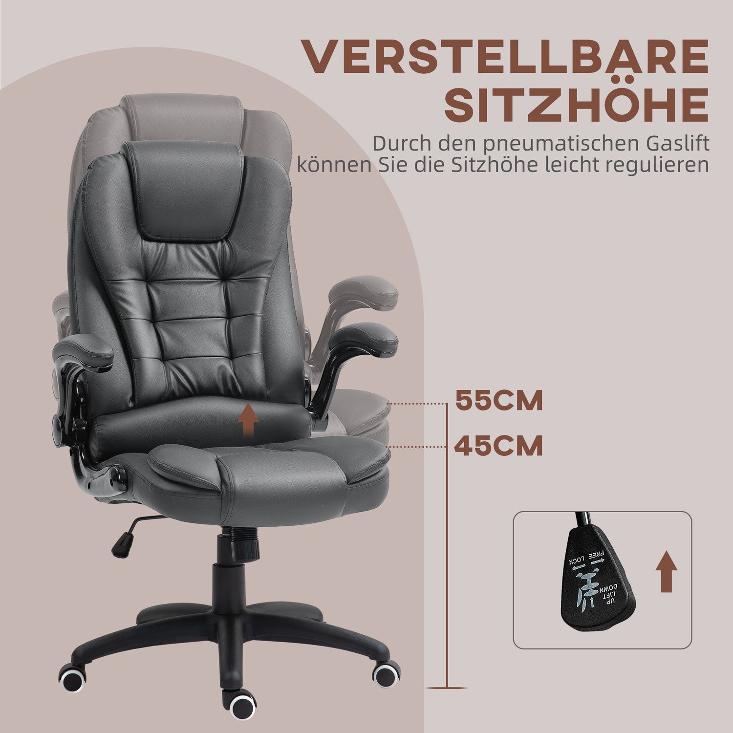Ergonomické kancelářské křeslo s otočnými a sklopnými područkami, tmavě šedé