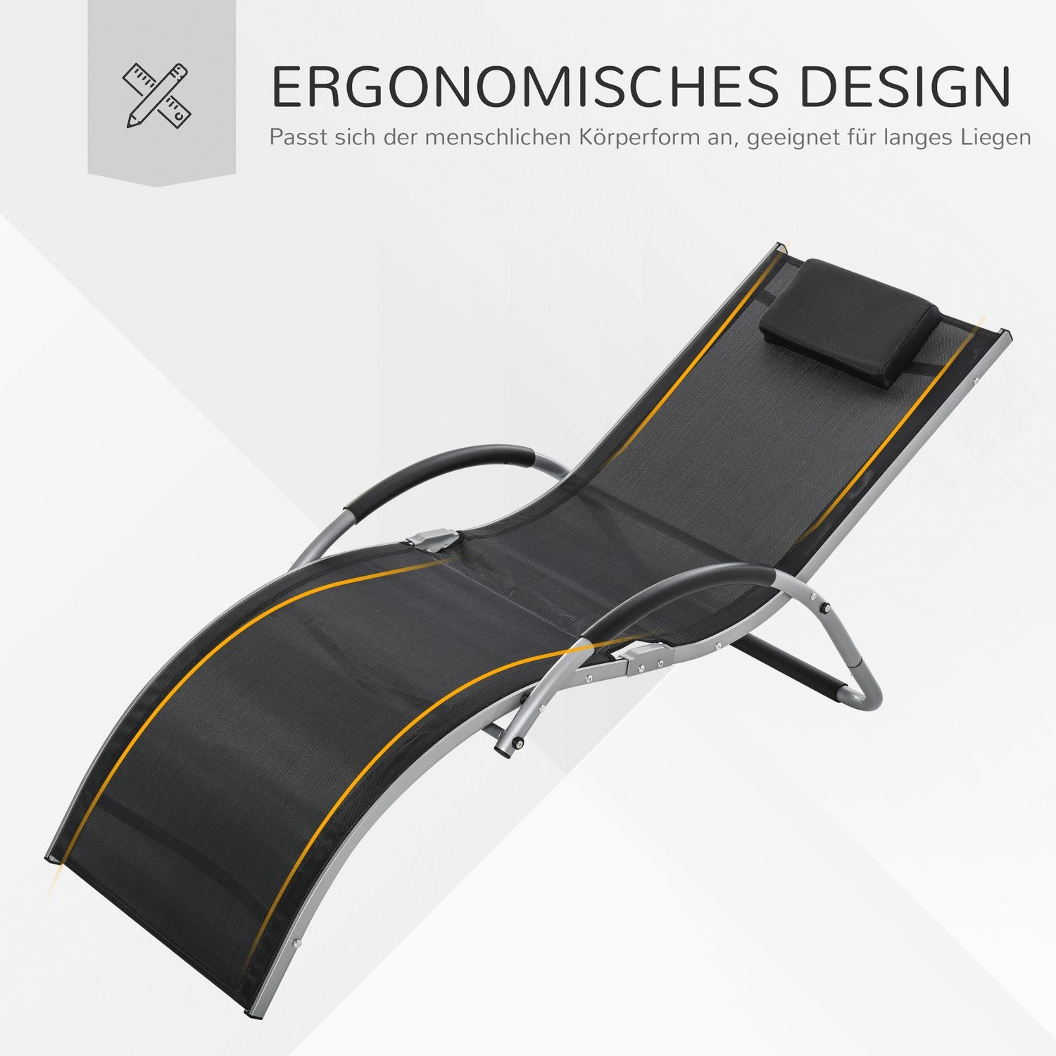 Ergonomisk solstol i aluminium med kuddar, svart 160x60x65 cm