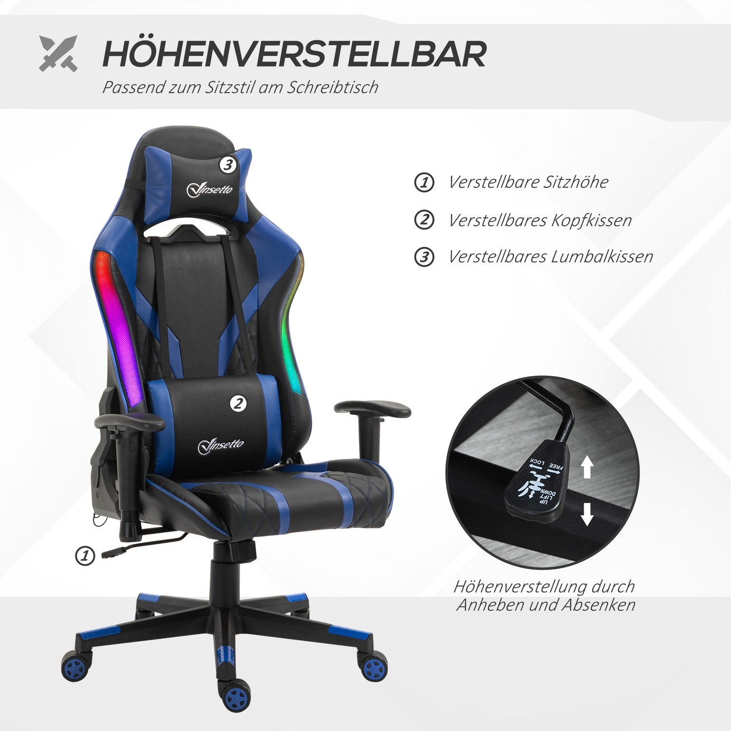 Ergonomisk spelstol med LED, justerbart armstöd, hög rygg